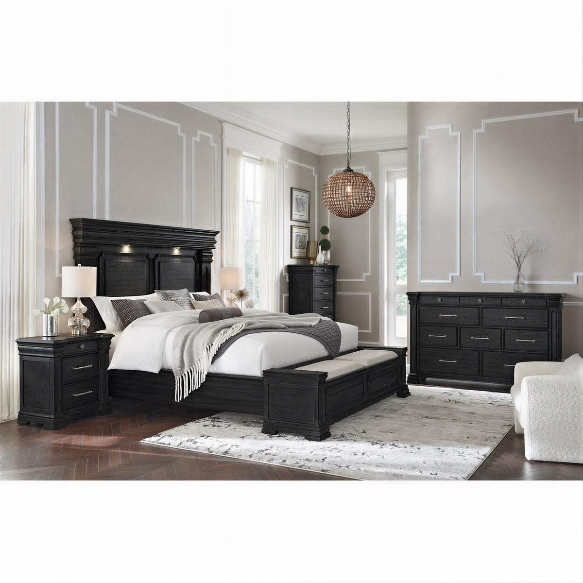 Kings Court Black 5-Piece Queen Storage Bedroom Set with 2 Nightstands, Dresser & Chest - Ornate Home