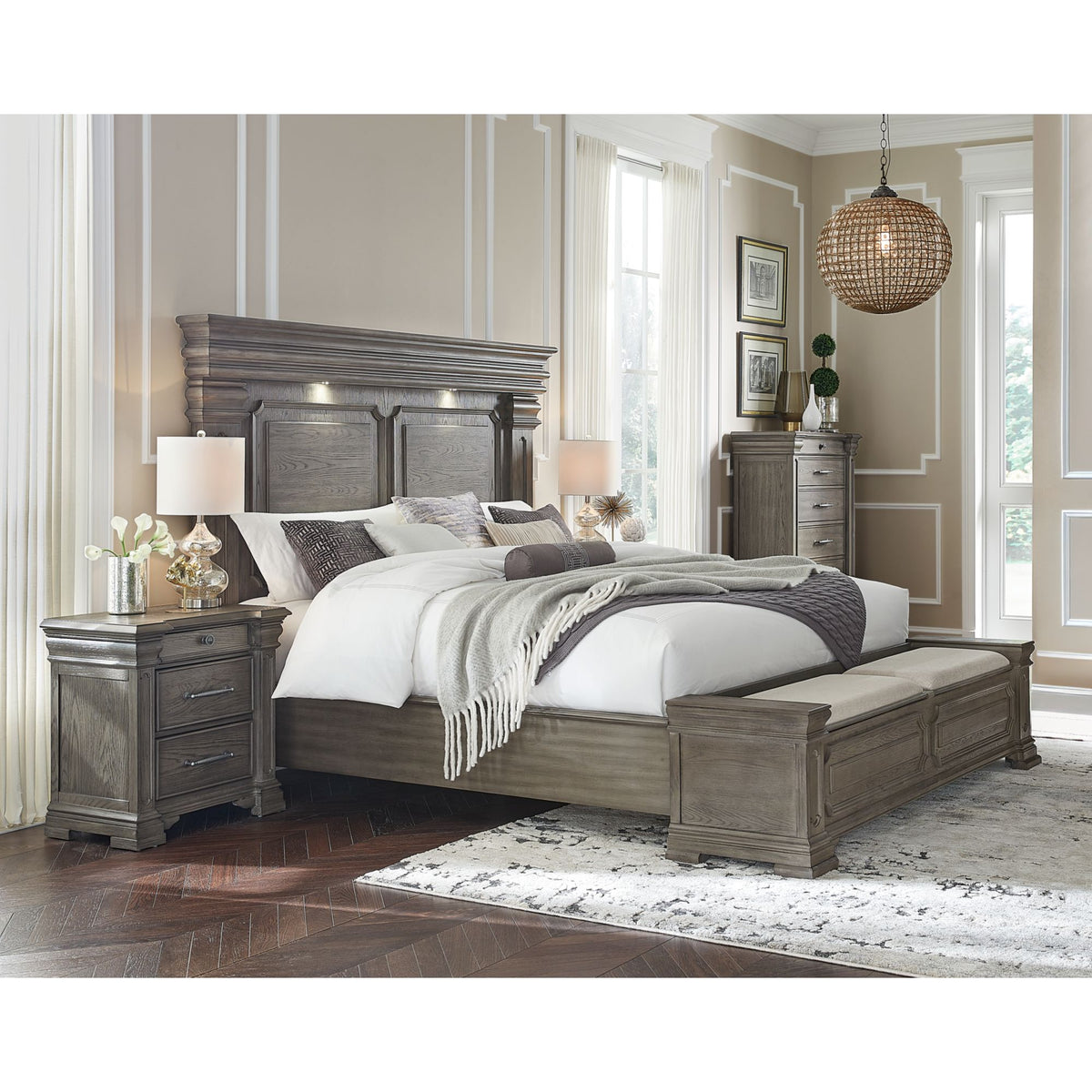 Kings Court Grey 4-Piece King Storage Bedroom Set with 2 Nightstands & Chest - Ornate Home