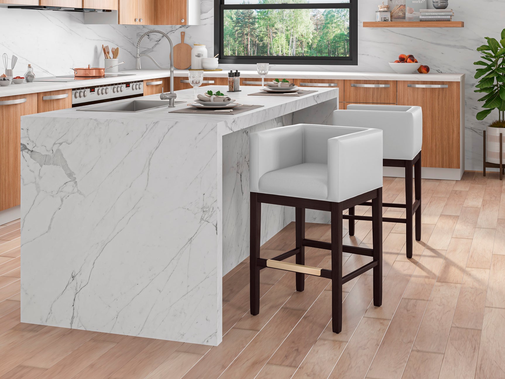 Kingsley Barstool in Ivory and Dark Walnut (set of 3) - Ornate Home