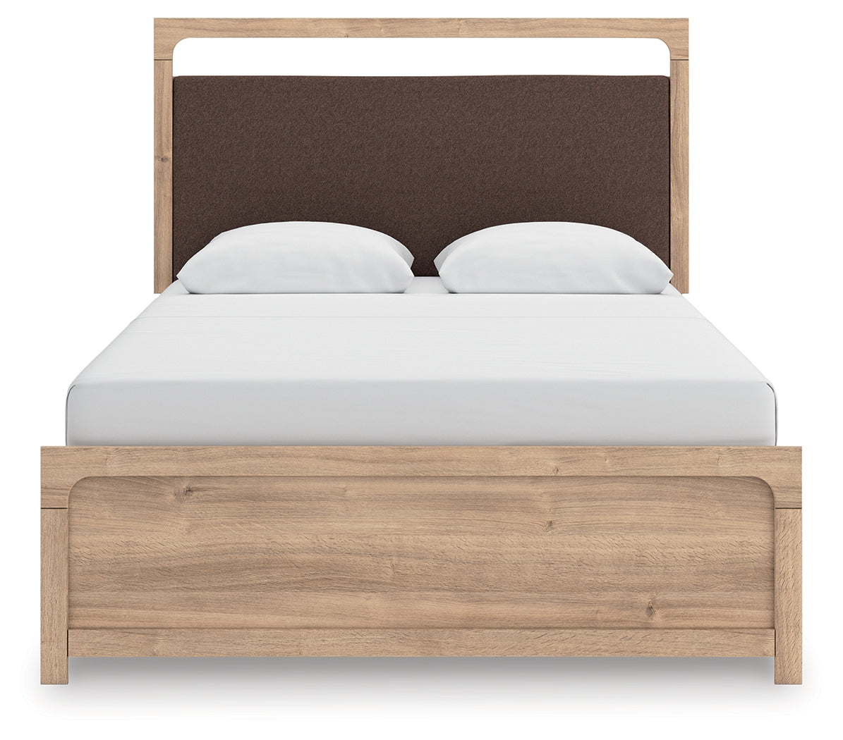 Kinlanni Tan/Brown Queen Upholstered Panel Bed, Dresser and Mirror - Ornate Home