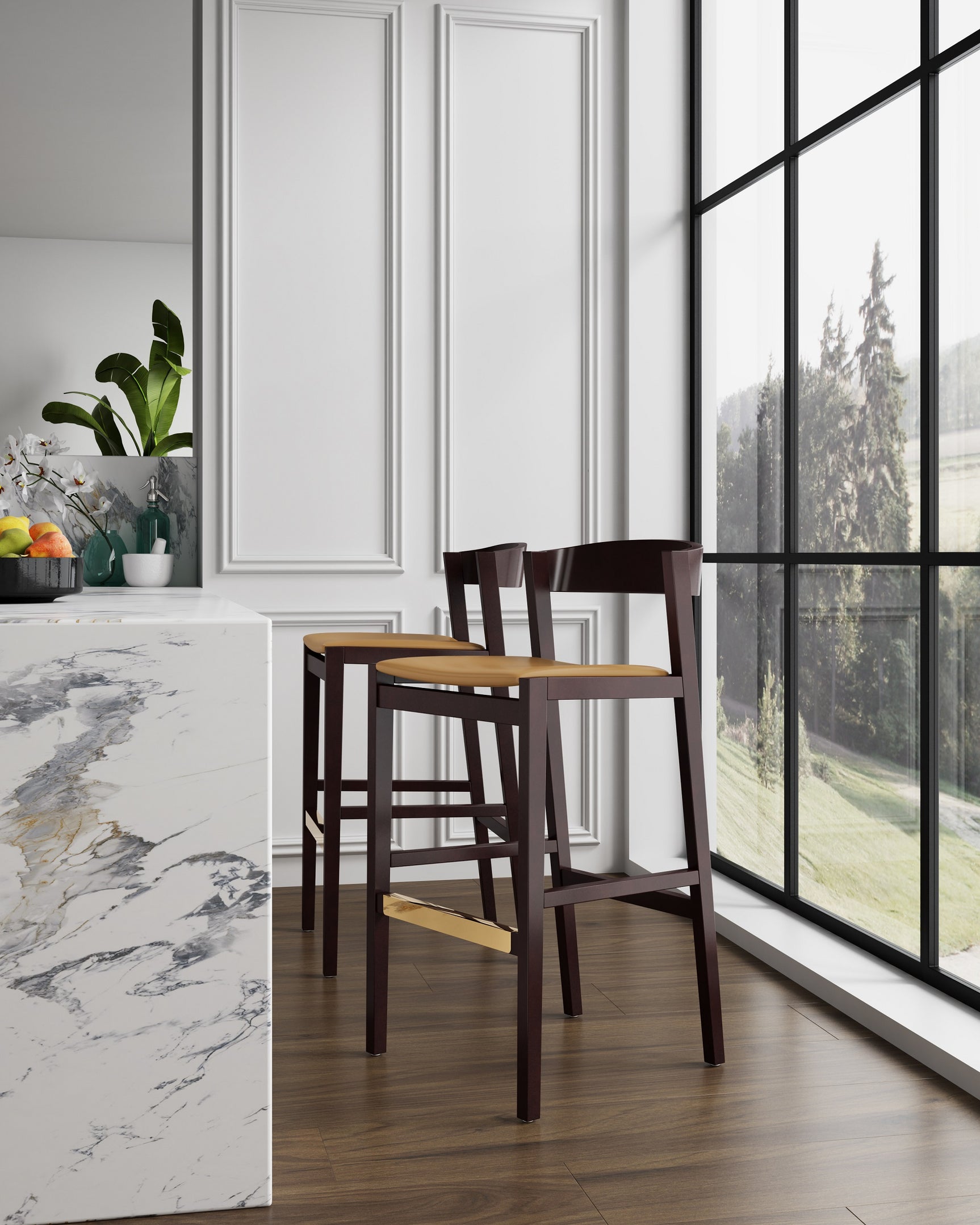 Klismos Barstool in Camel and Dark Walnut (set of 2) - Ornate Home