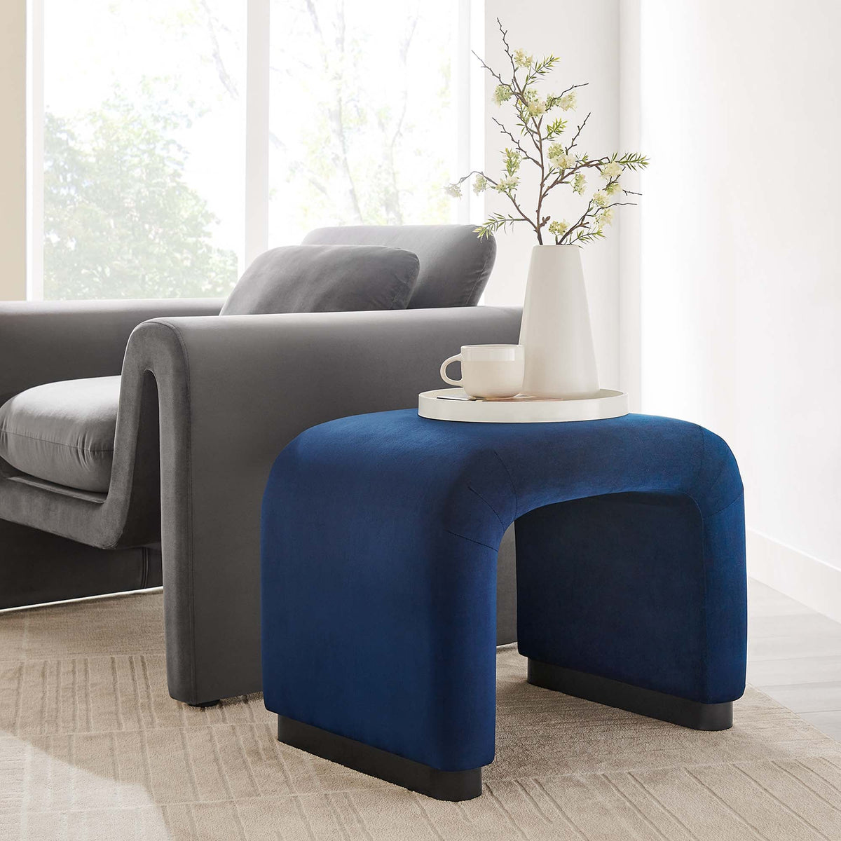 Koda Black/Midnight Blue Performance Velvet Waterfall Stool - Ornate Home