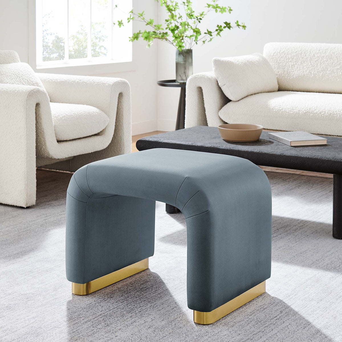 Koda Brass/Cadet Blue Performance Velvet Waterfall Stool - Ornate Home