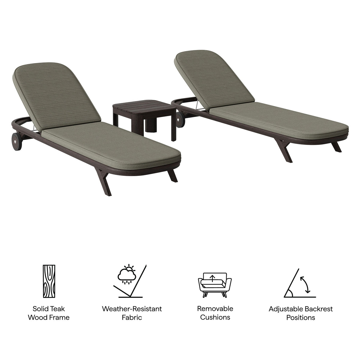 Kona Dark Brown Ash 3-Piece Outdoor Teak Wood Chaise Lounge Set - Ornate Home