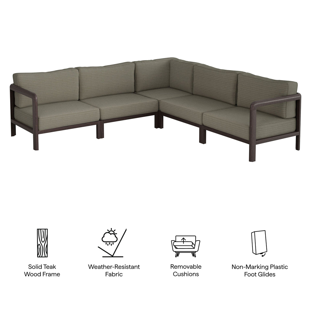 Kona Dark Brown Ash 5-Piece Outdoor Teak Wood Corner Modular Sofa