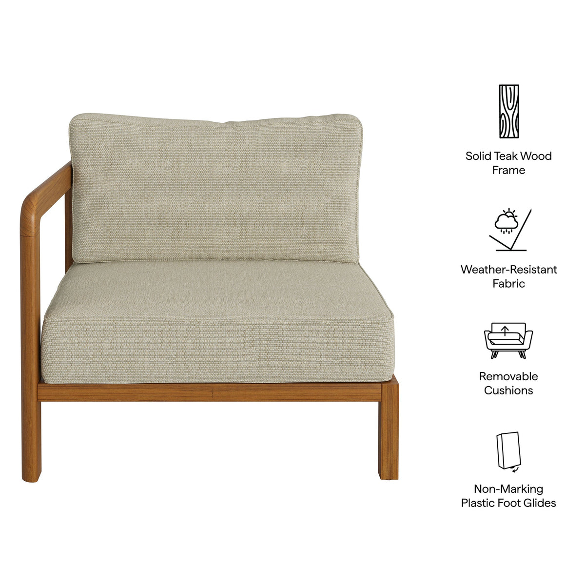 Kona Natural Sand Outdoor Teak Wood Left-Arm Facing Modular Armchair