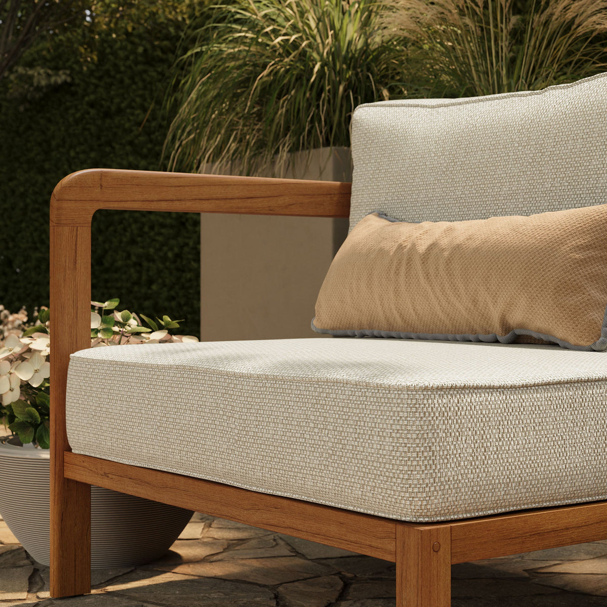Kona Natural Sand Outdoor Teak Wood Left-Arm Facing Modular Armchair