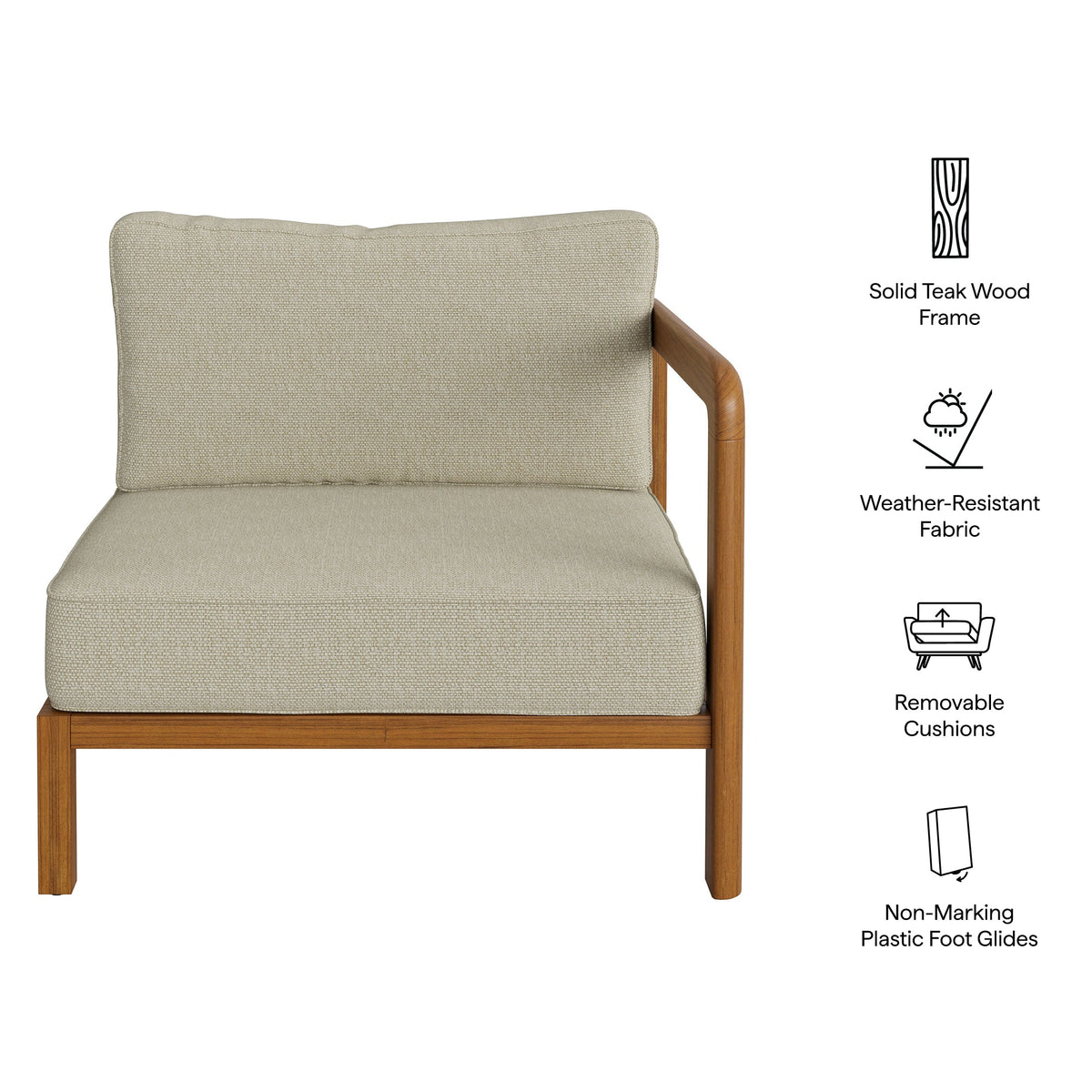 Kona Natural Sand Outdoor Teak Wood Right-Arm Facing Modular Armchair