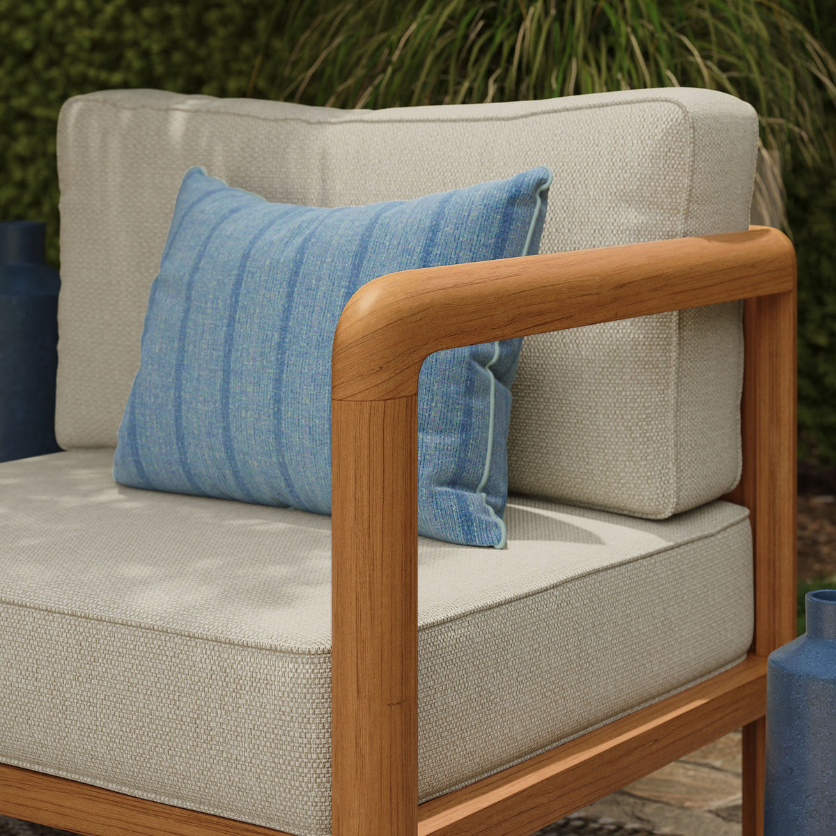 Kona Natural Sand Outdoor Teak Wood Right-Arm Facing Modular Armchair