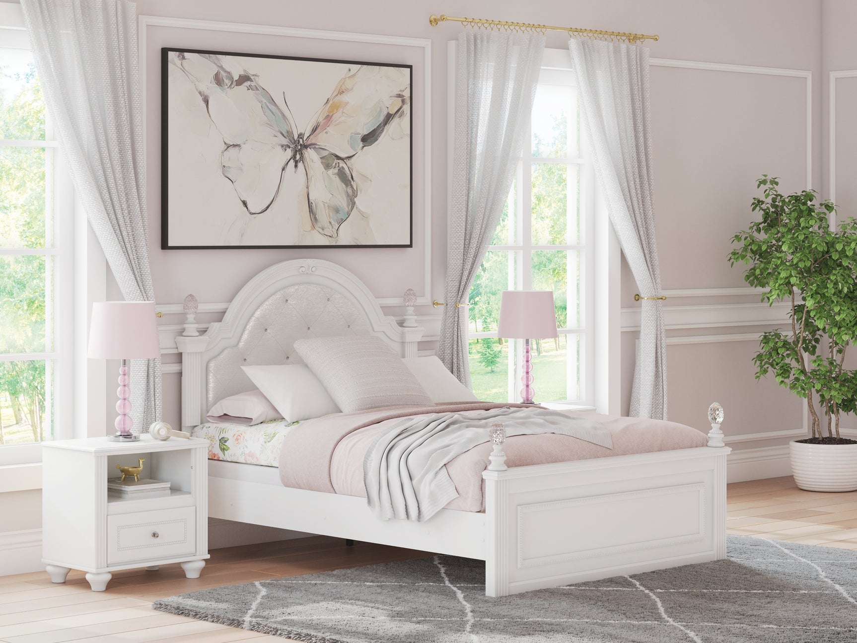 Kozlani White Full Upholstered Panel Bed, Dresser and Mirror (Online Special Price) - Ornate Home