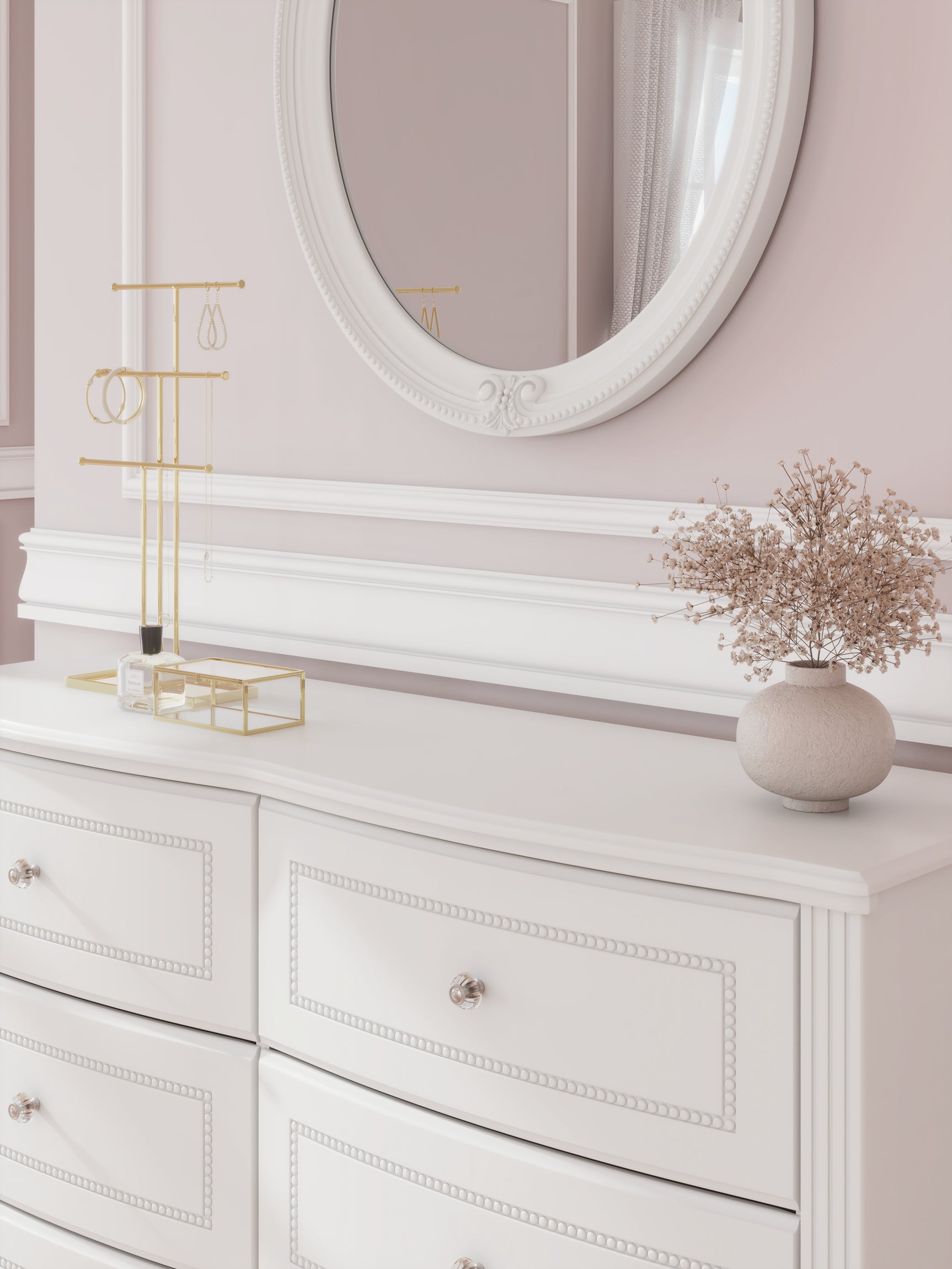 Kozlani White Full Upholstered Panel Bed, Dresser and Mirror (Online Special Price) - Ornate Home