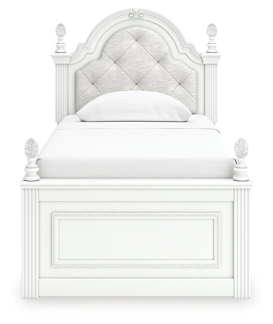 Kozlani White Twin Upholstered Panel Bed, Dresser and Mirror (Online Special Price) - Ornate Home