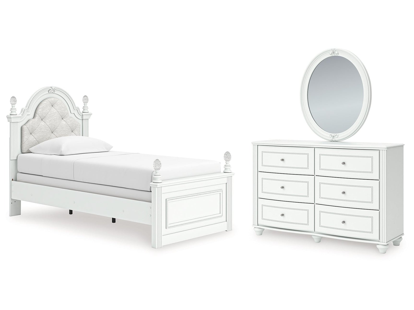 Kozlani White Twin Upholstered Panel Bed, Dresser and Mirror - Ornate Home