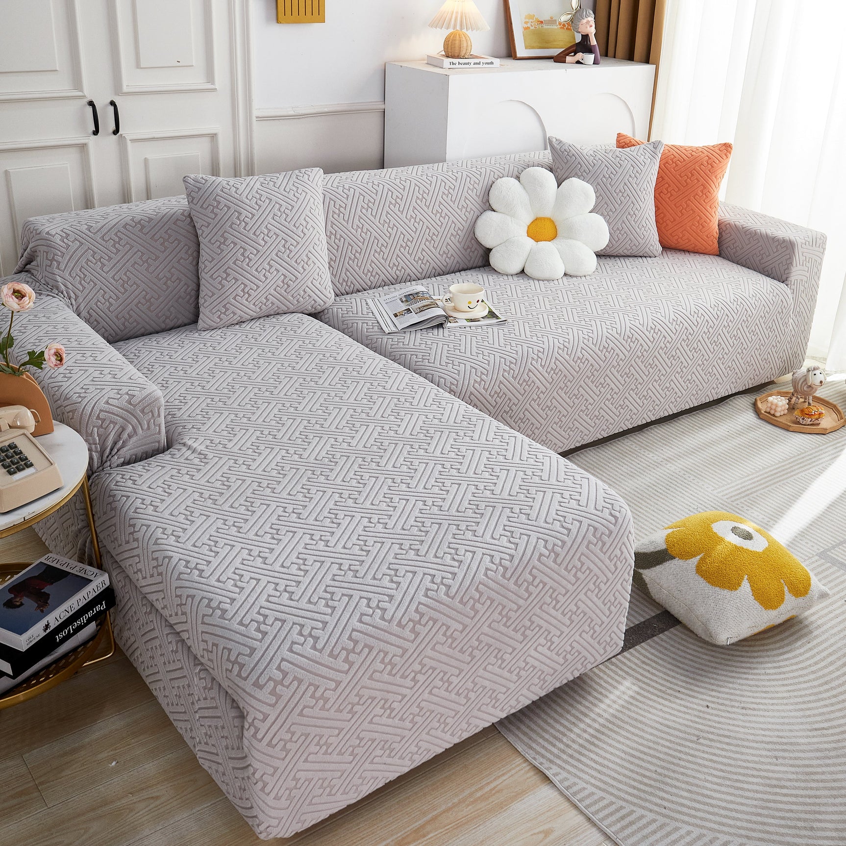 L Shape Sectional Sofa Cover Soft Stretch Furniture Protector Couch Slipcover with 1pcs Free Pillowcases - Ornate Home