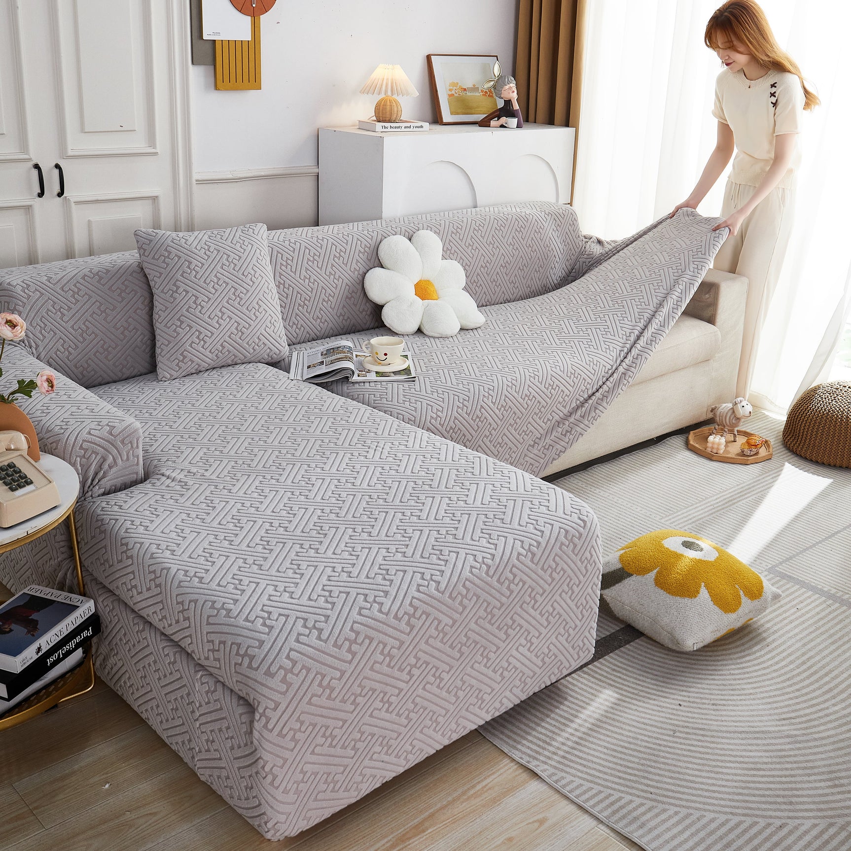 L Shape Sectional Sofa Cover Soft Stretch Furniture Protector Couch Slipcover with 1pcs Free Pillowcases - Ornate Home