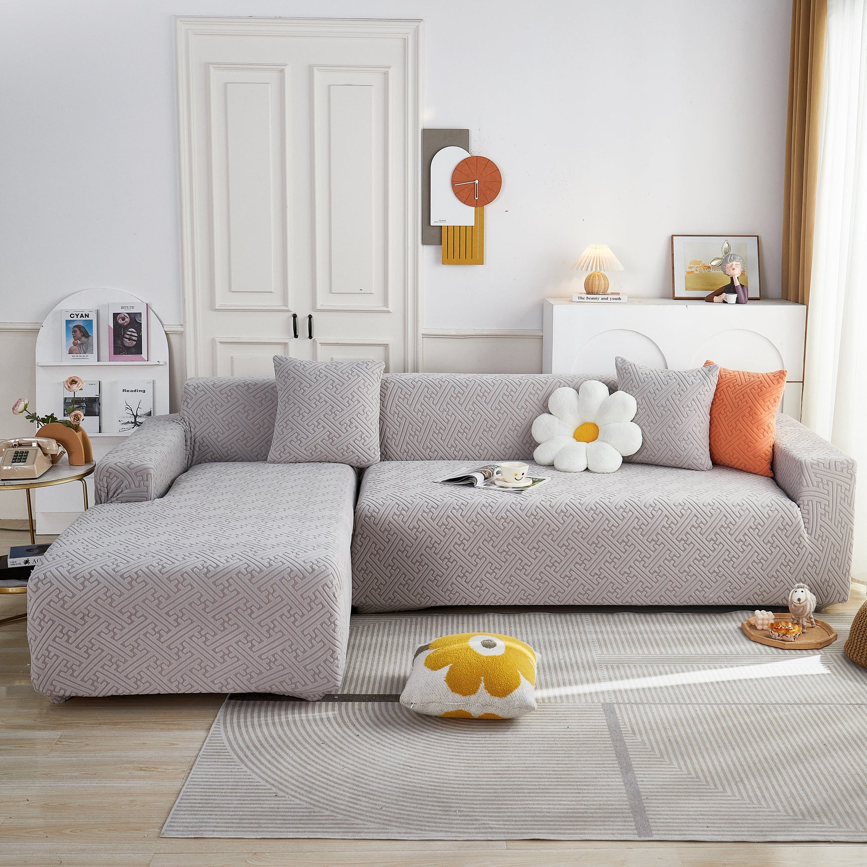 L Shape Sectional Sofa Cover Soft Stretch Furniture Protector Couch Slipcover with 1pcs Free Pillowcases - Ornate Home