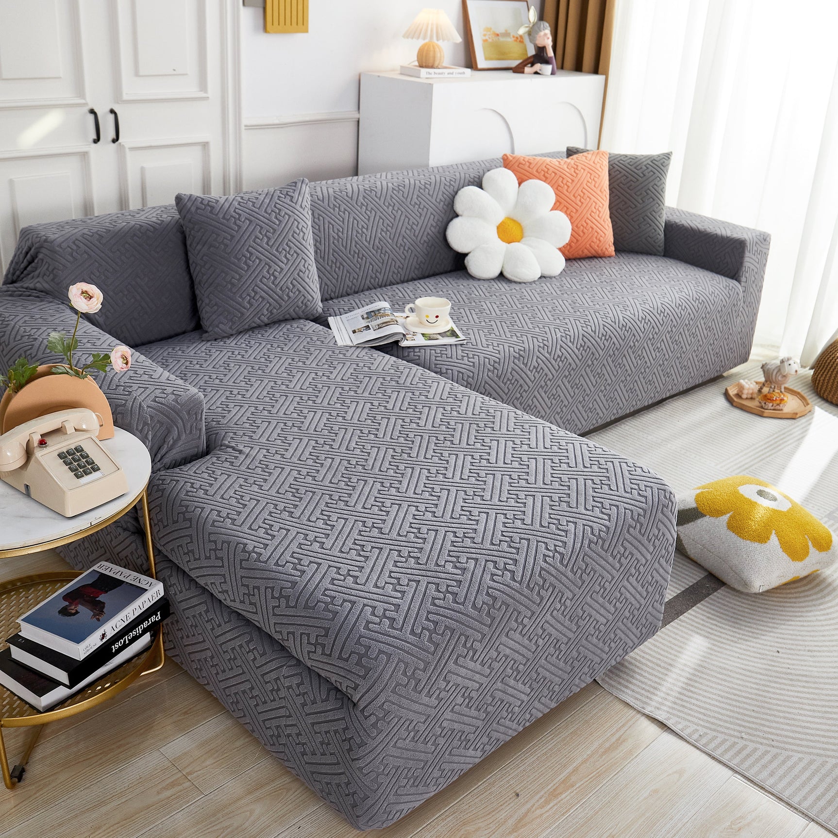 L Shape Sectional Sofa Cover Soft Stretch Furniture Protector Couch Slipcover with 1pcs Free Pillowcases - Ornate Home