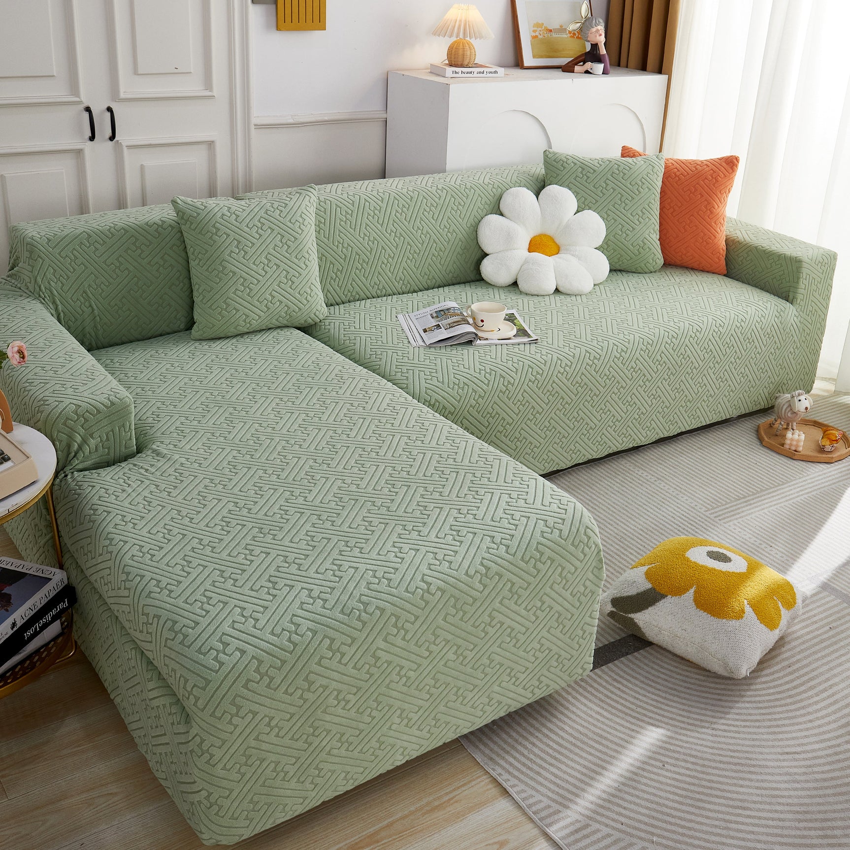 L Shape Sectional Sofa Cover Soft Stretch Furniture Protector Couch Slipcover with 1pcs Free Pillowcases - Ornate Home