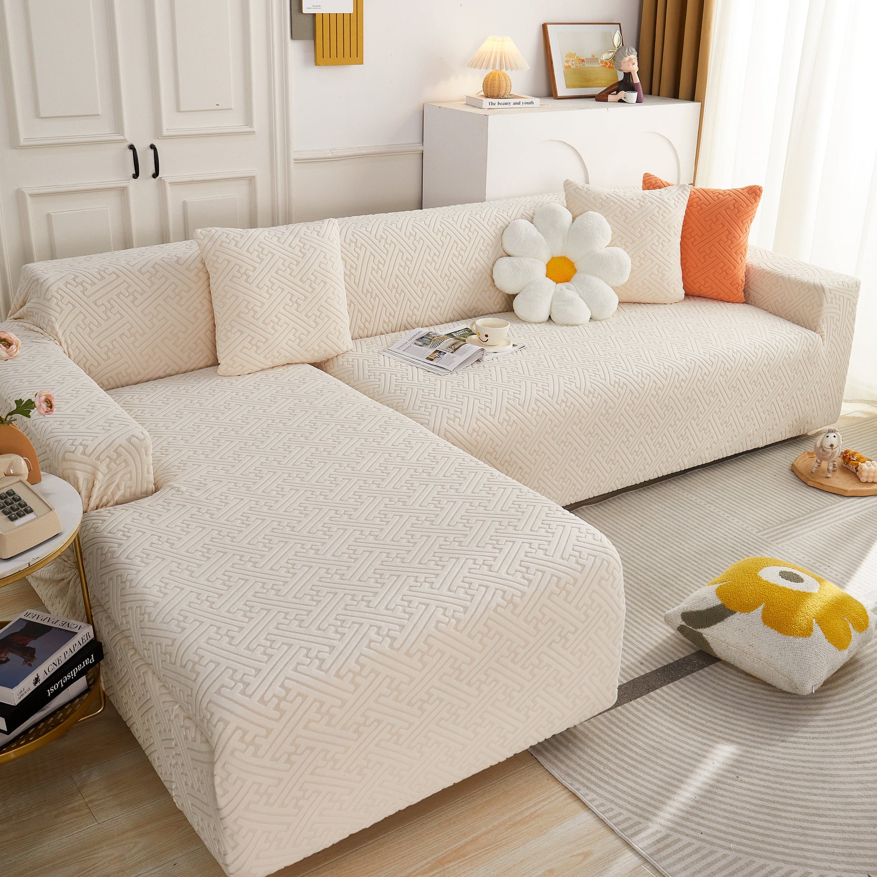 L Shape Sectional Sofa Cover Soft Stretch Furniture Protector Couch Slipcover with 1pcs Free Pillowcases - Ornate Home