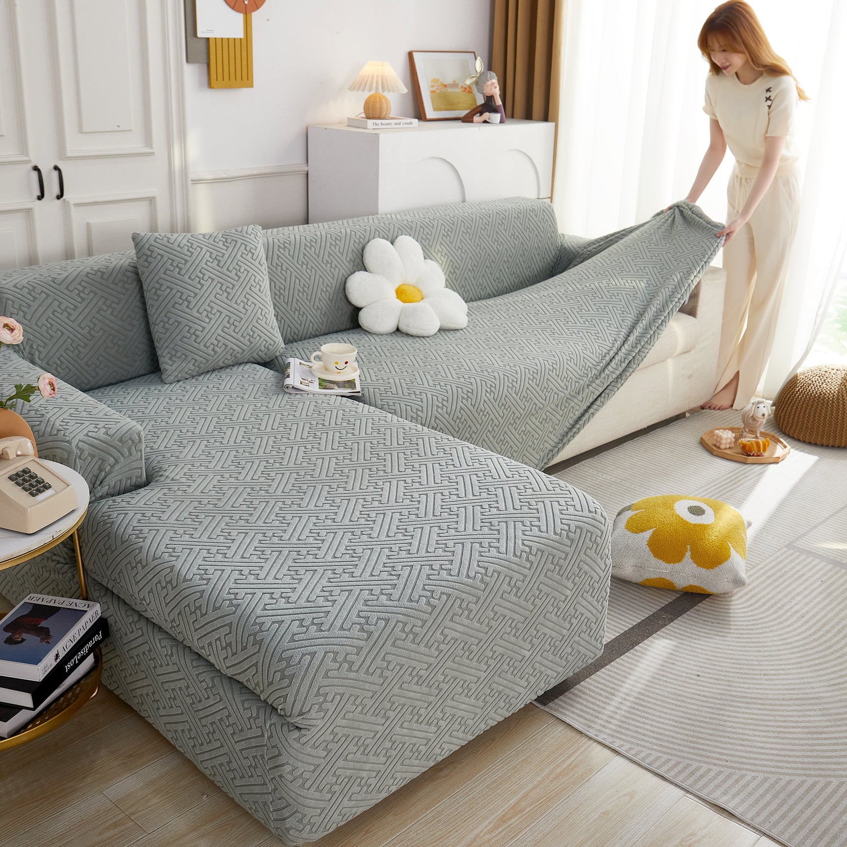 L Shape Sectional Sofa Cover Soft Stretch Furniture Protector Couch Slipcover with 1pcs Free Pillowcases - Ornate Home