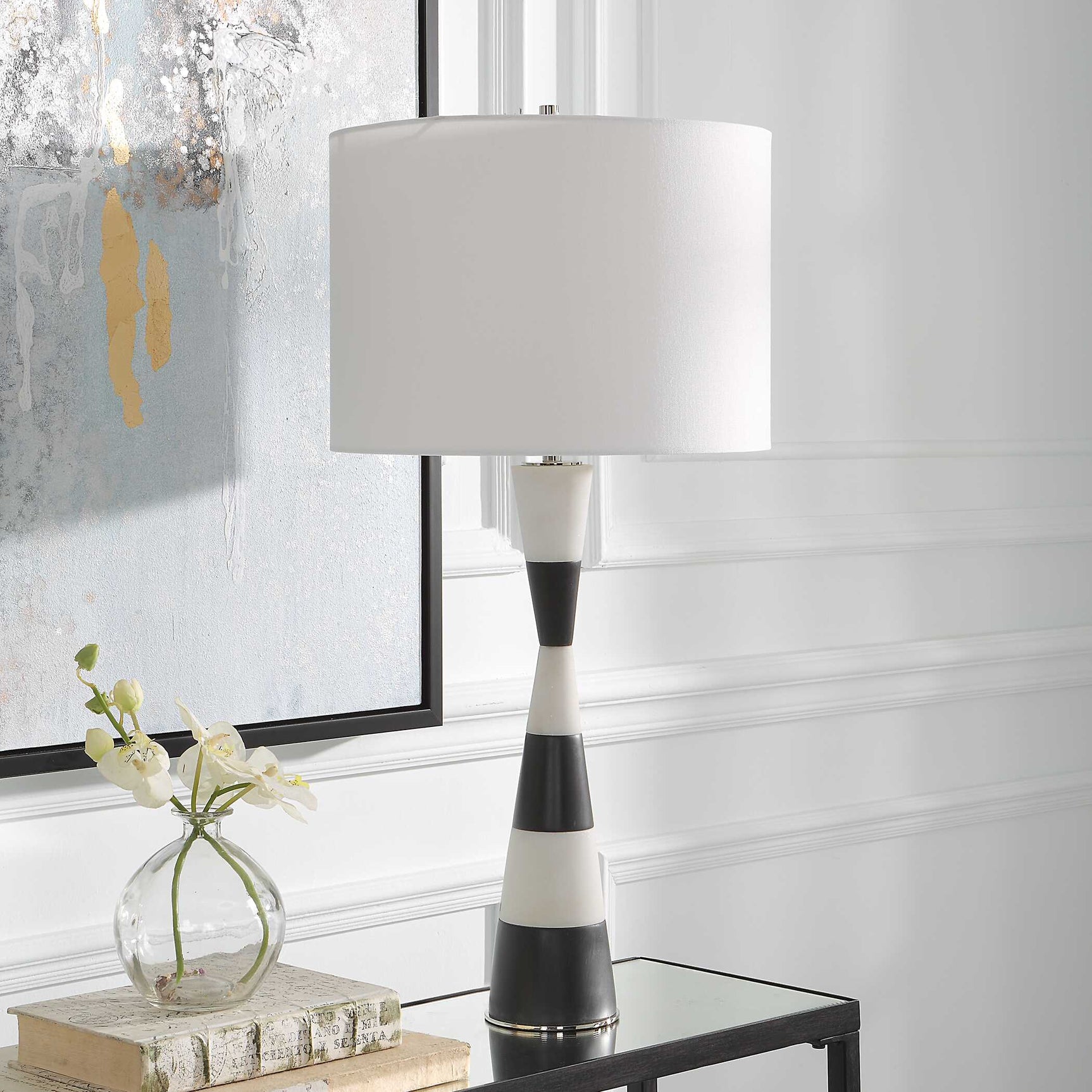 Bandeau Black/White Banded Stone Table Lamp