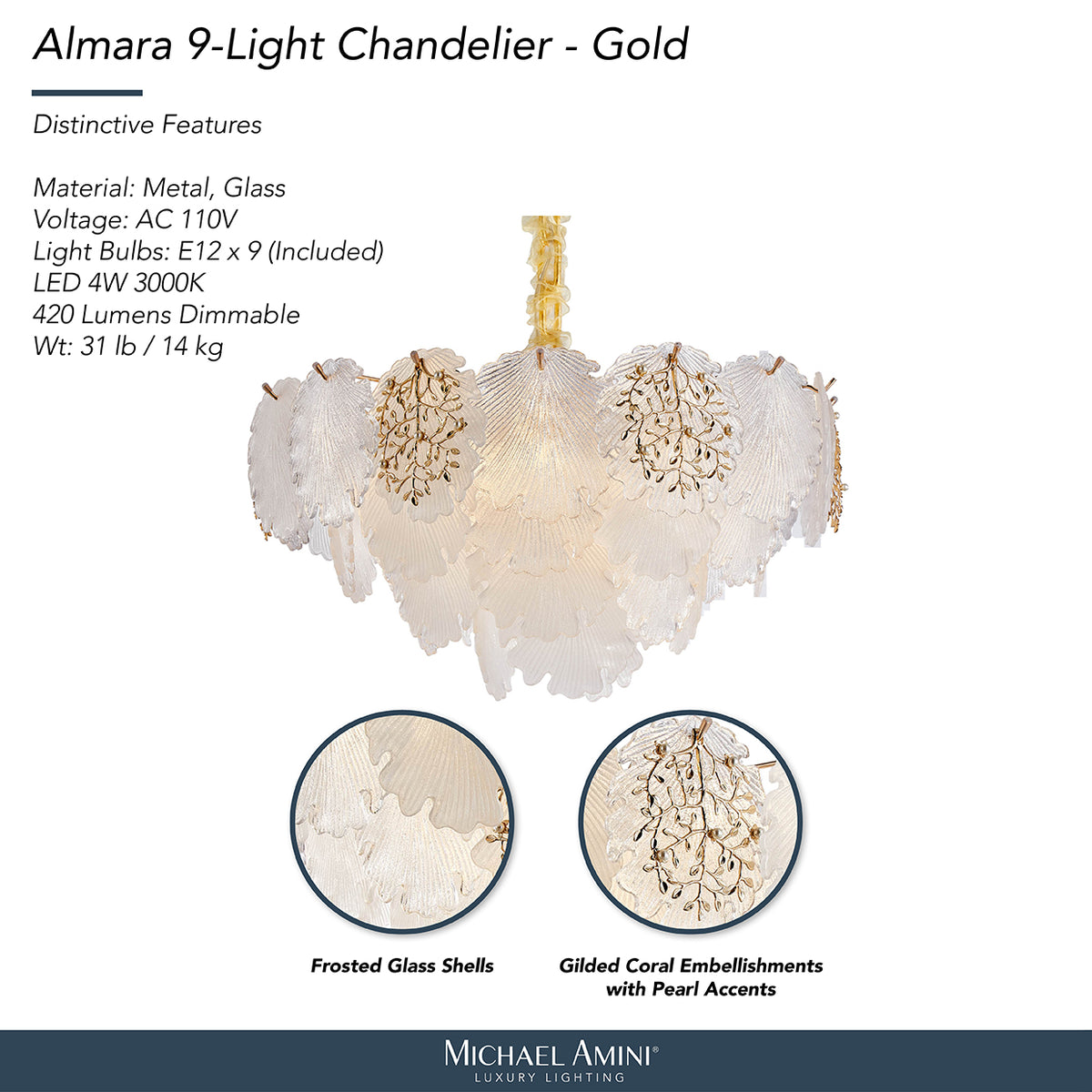 Almara Frost/Gold 9-Light Frosted Glass Chandelier