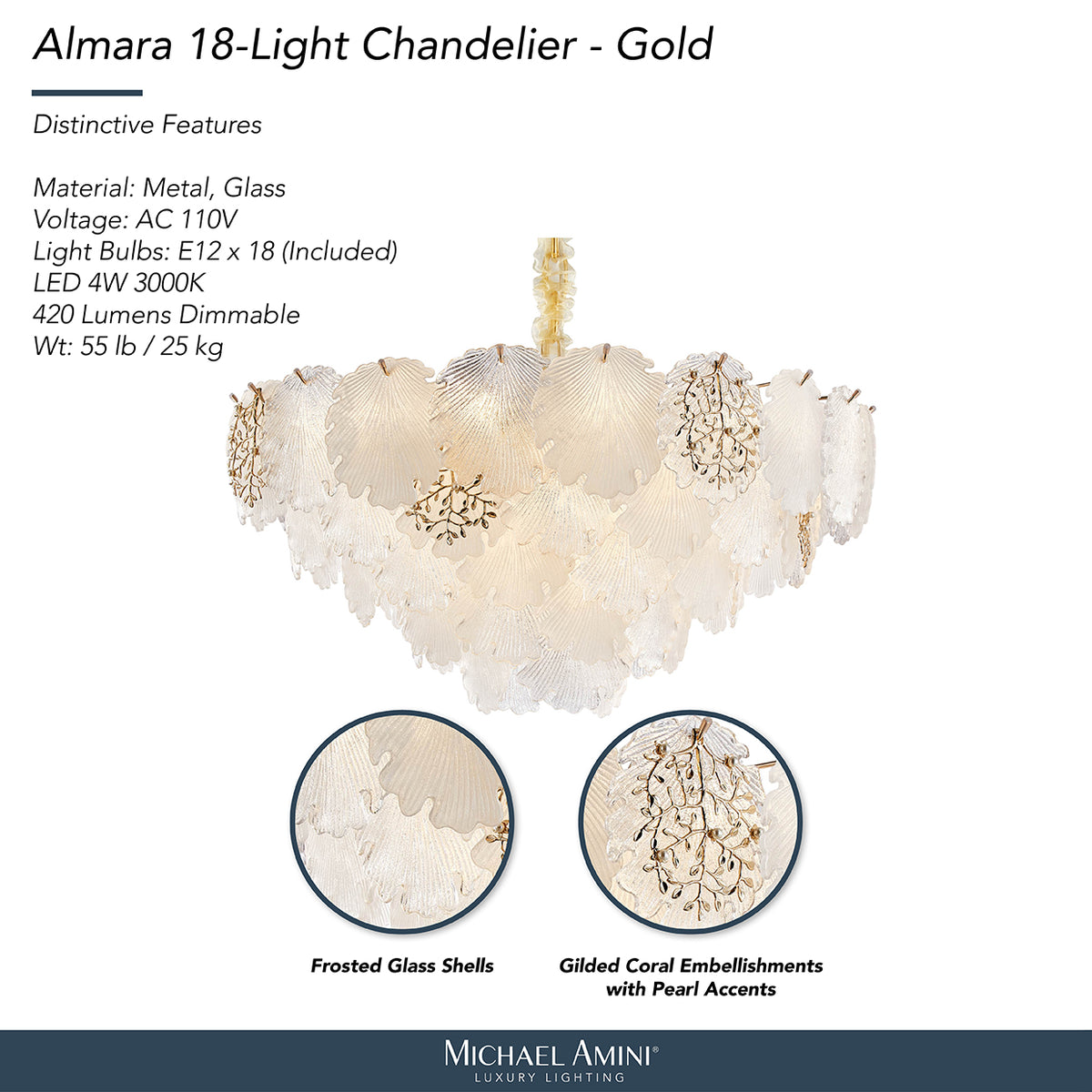Almara Frost/Gold 18-Light Frosted Glass Chandelier