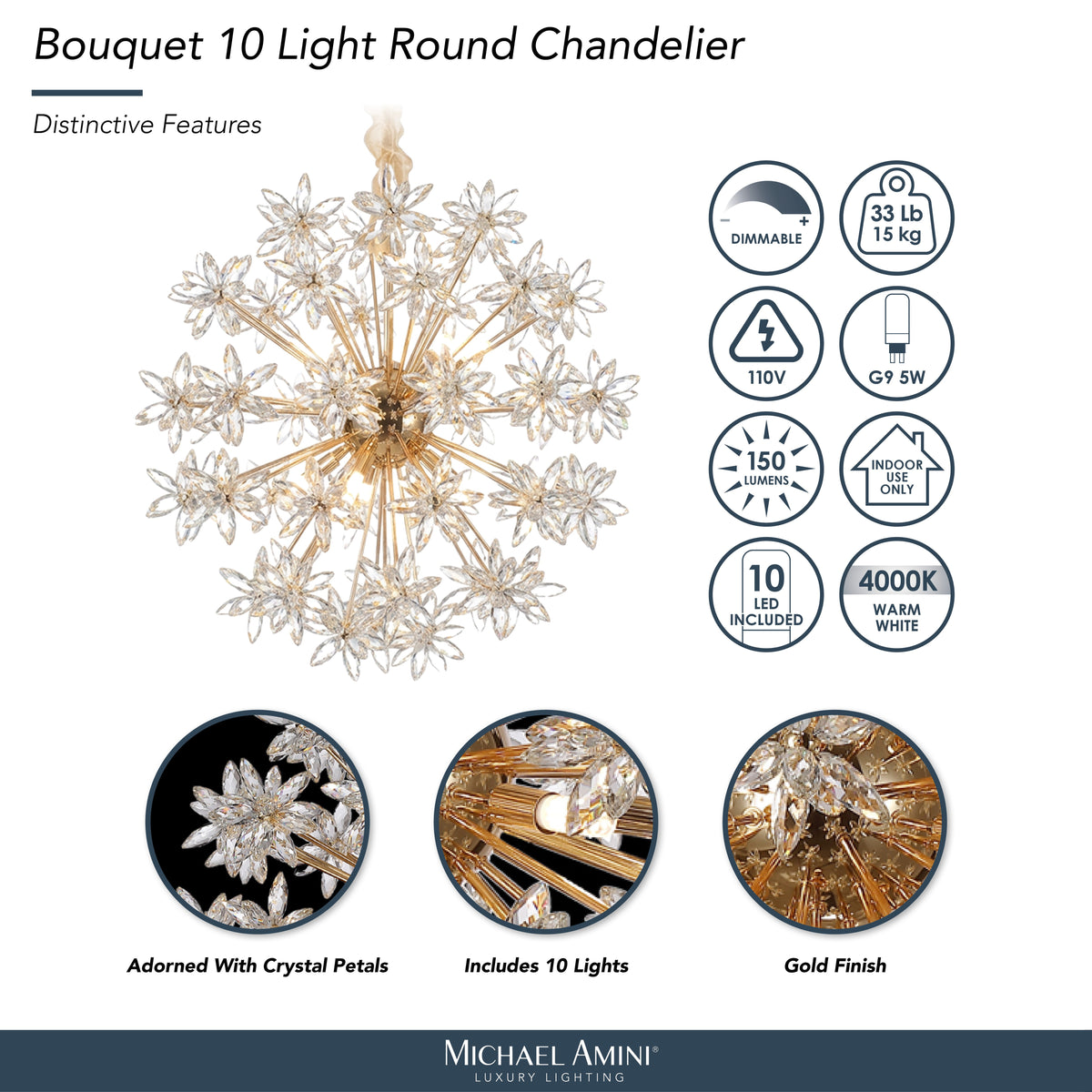Bouquet Gold 10-Light Round Crystal Chandelier
