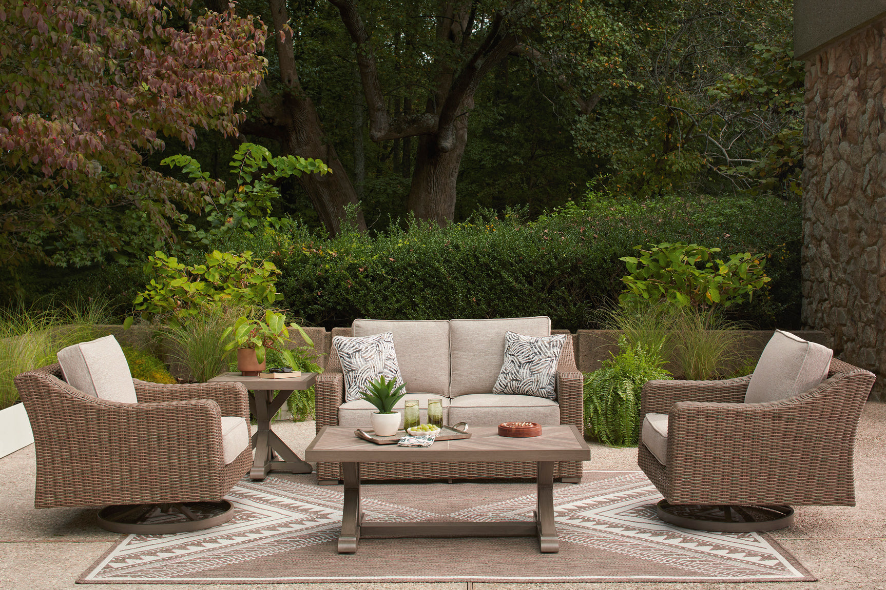 Laguna Heights Beige 3-Piece Outdoor Seating Set (Loveseat & 2 Swivel Lounge) - Ornate Home