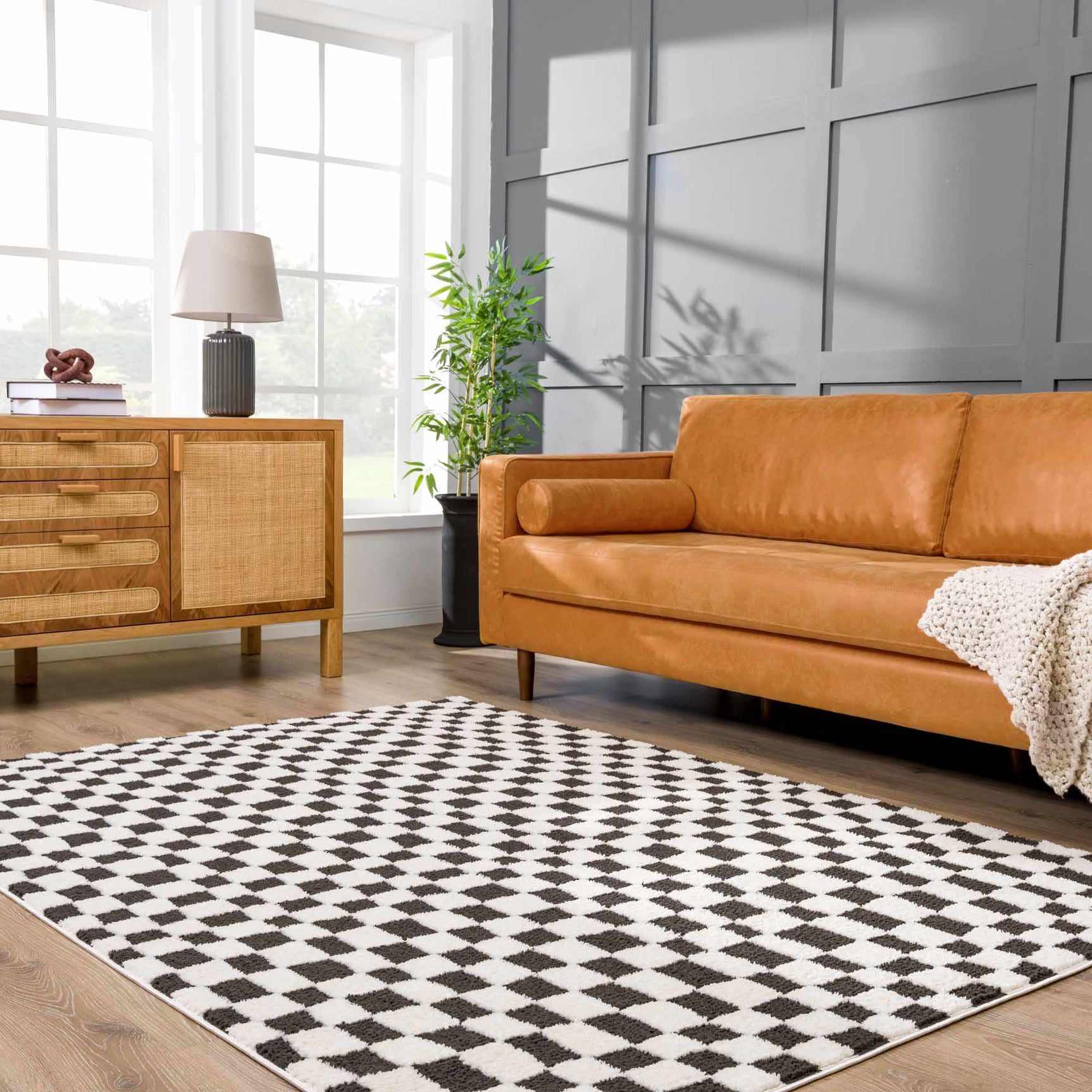 Lajos Black & White Checkered Plush Rug - Ornate Home