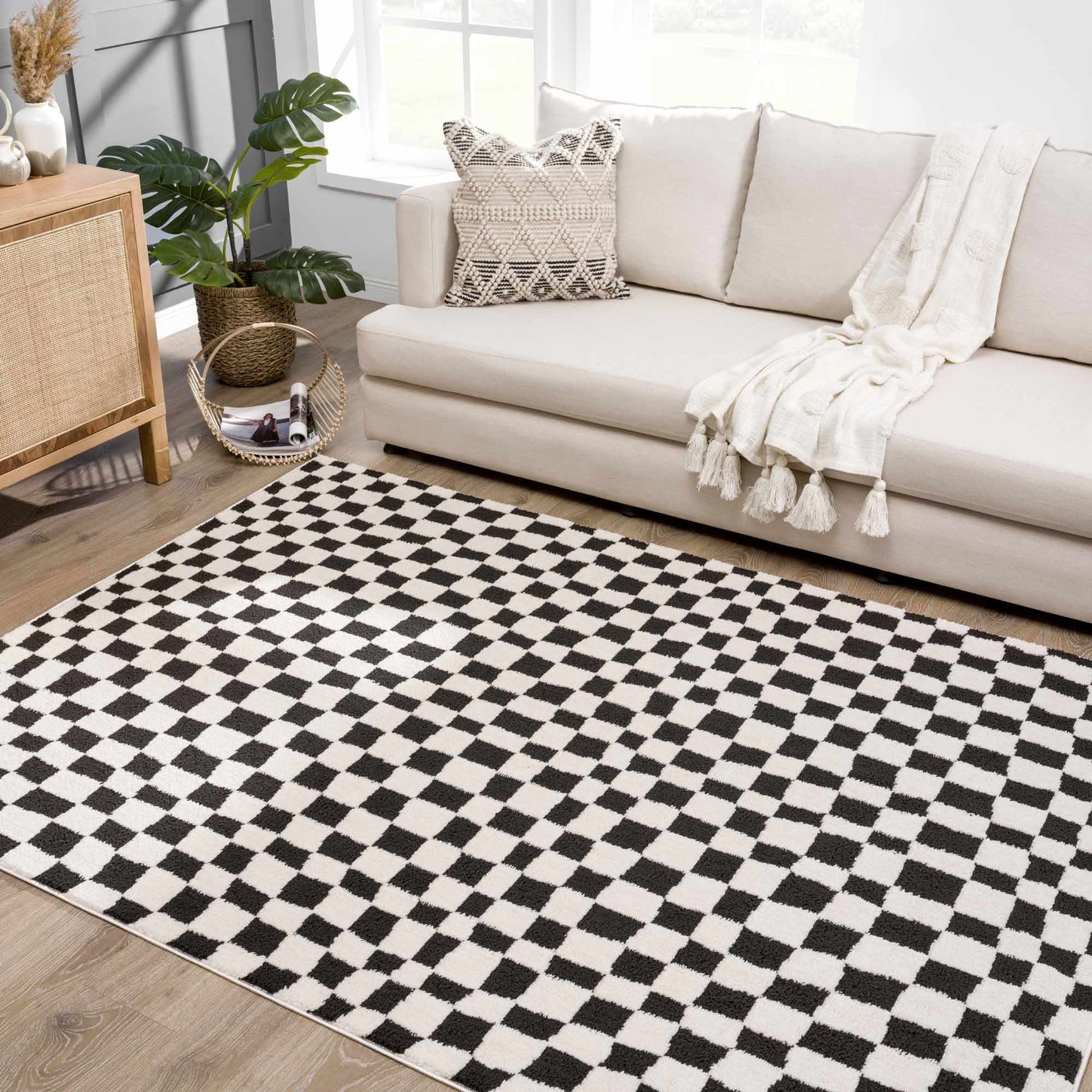 Lajos Black & White Checkered Plush Rug - Ornate Home
