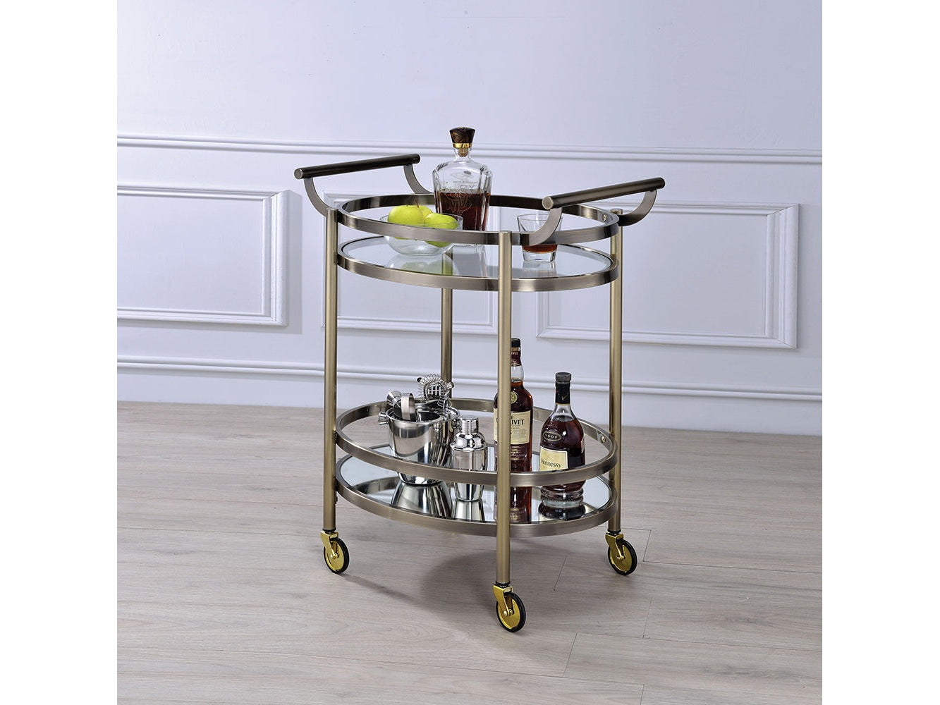 Lakelyn Brushed Bronze & Clear Glass Serving Cart - Ornate Home
