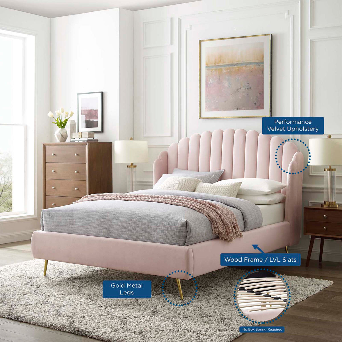 Lana Pink Performance Velvet Queen Wingback Platform Bed - Ornate Home