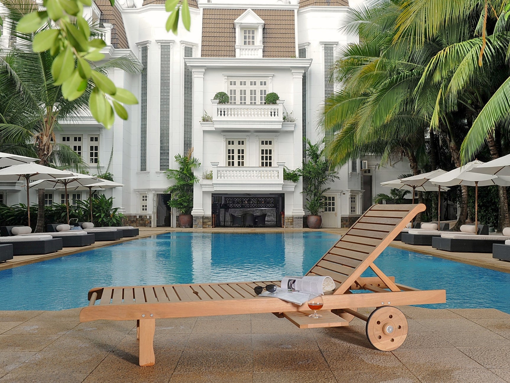 Lance Teak Outdoor Reclining Sunlounger with Rear Wheels and Slide-out Tray - Ornate Home