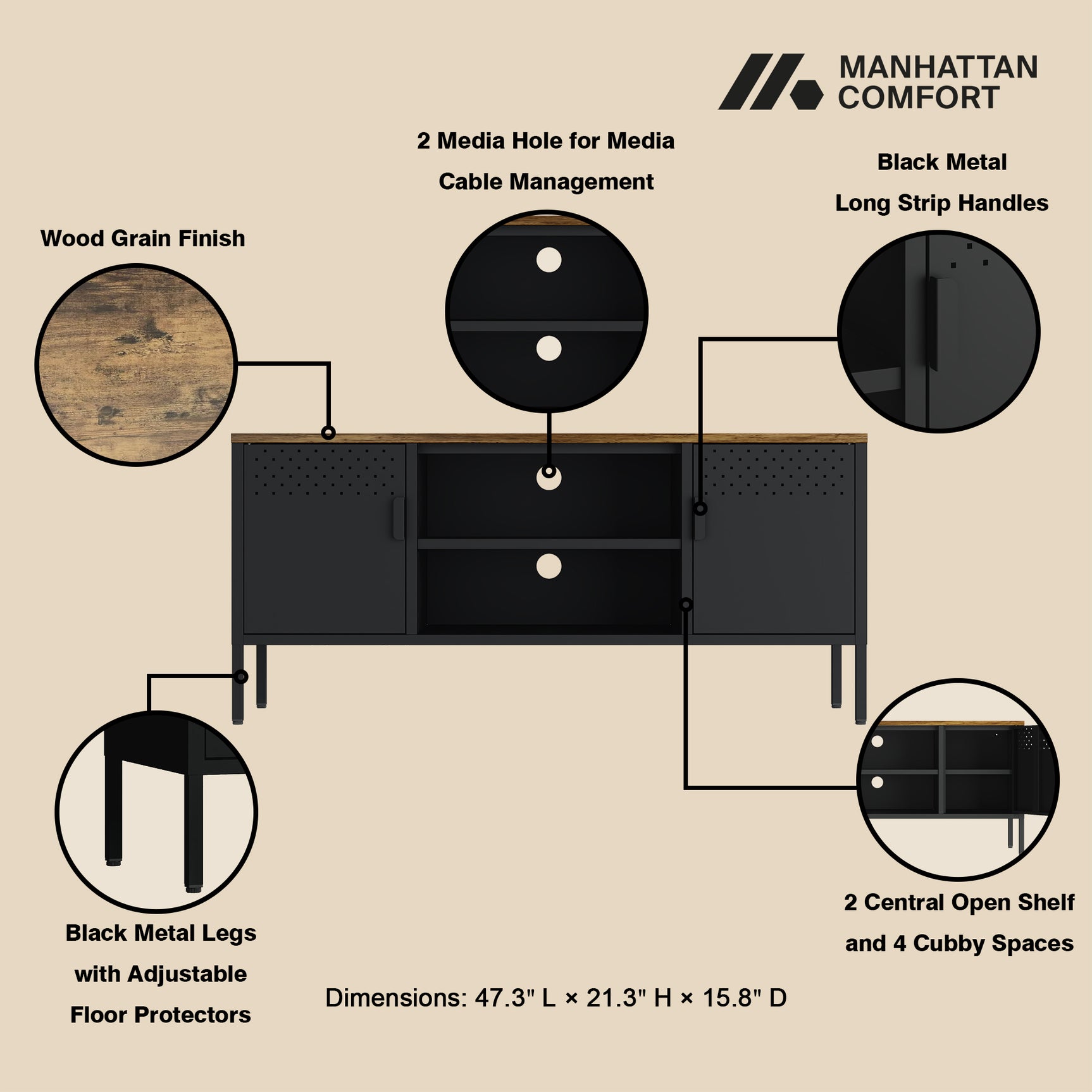 Landen 47" TV Stand in Black - Ornate Home