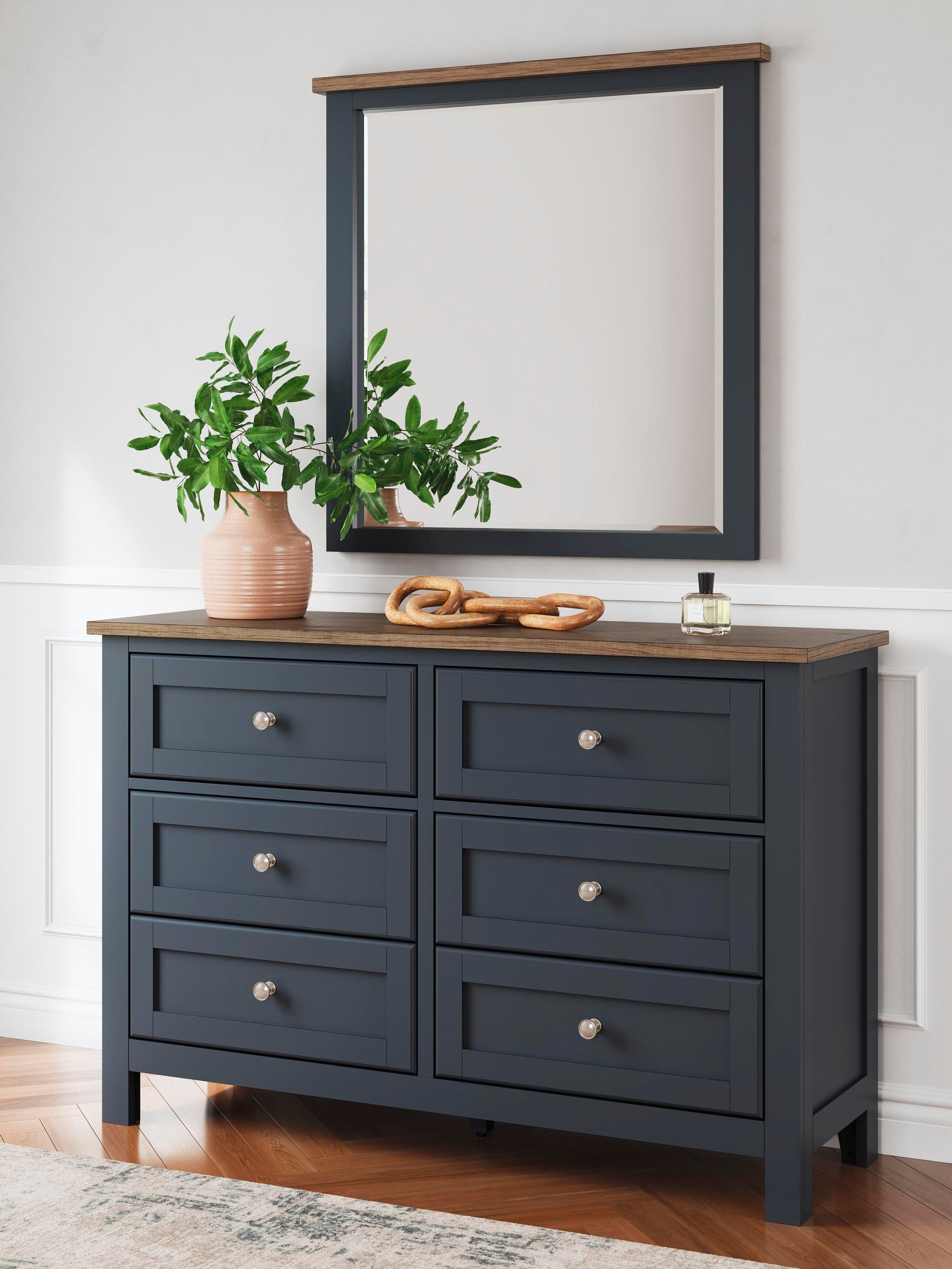 Landocken Brown/Blue Queen Panel Bed, Dresser, Mirror and Nightstand - Ornate Home