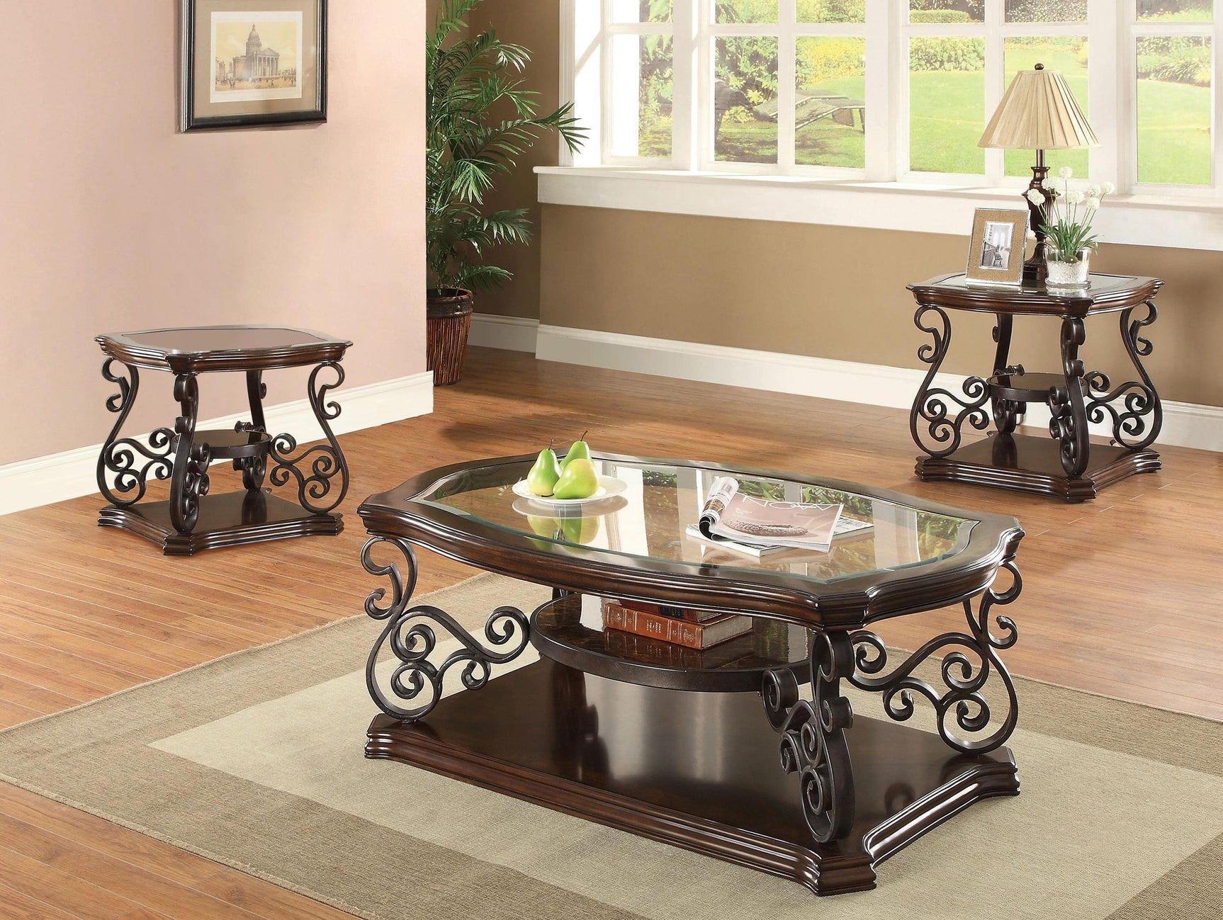 Laney Dark Merlot 3-piece Glass Top Coffee and End Table Set - Ornate Home