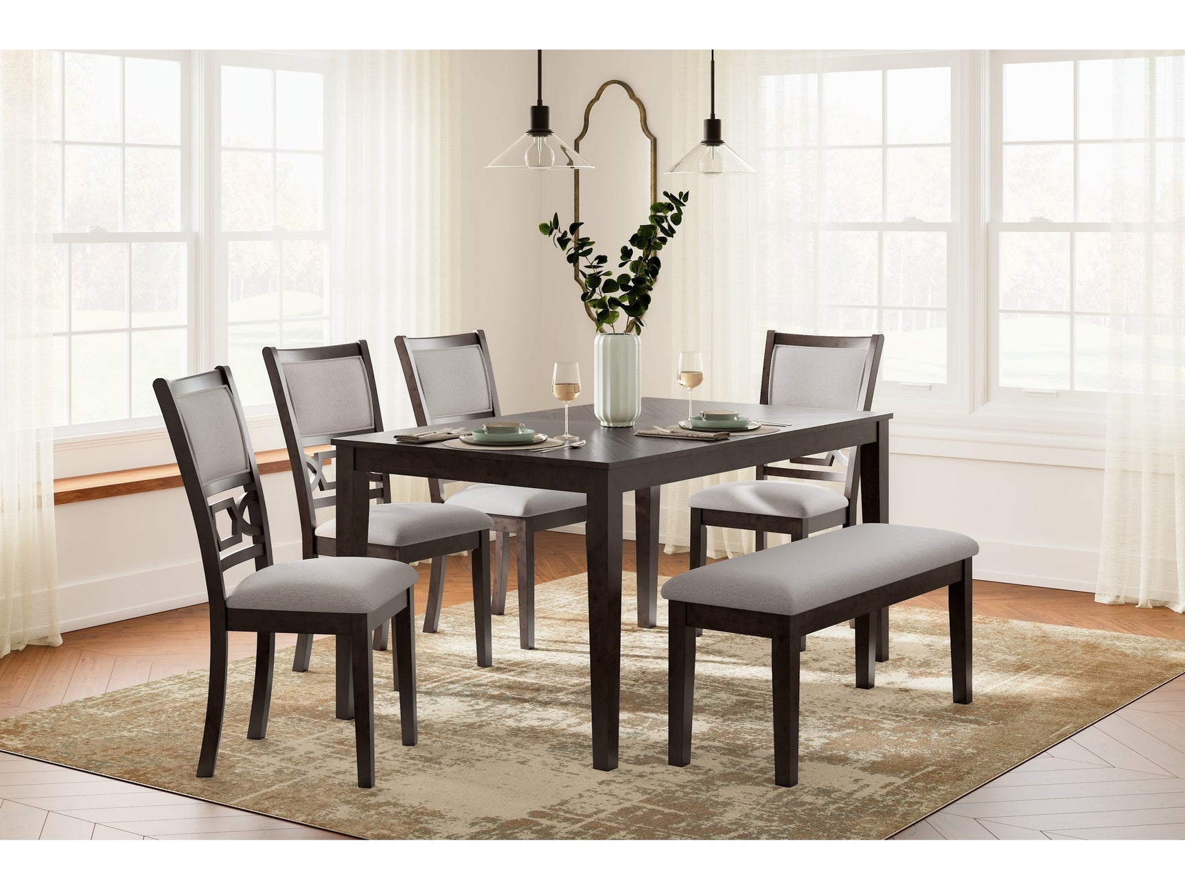Langwest Brown Dining Table and 4 Chairs and Bench (Set of 6) (Online Special Price) - Ornate Home