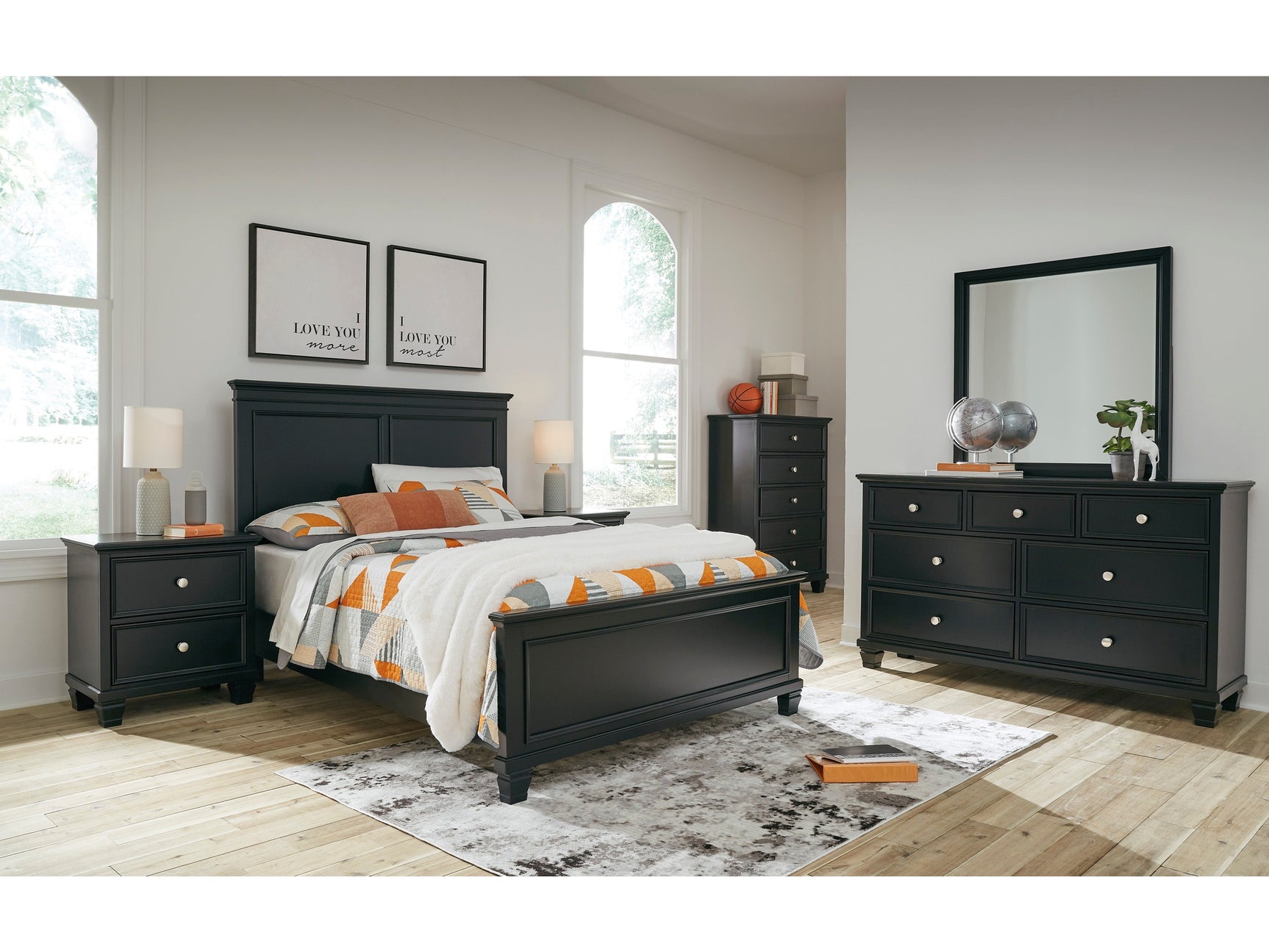 Lanolee Black Full Panel 6-Piece Bedroom Set w/ 2 Nightstands - Ornate Home