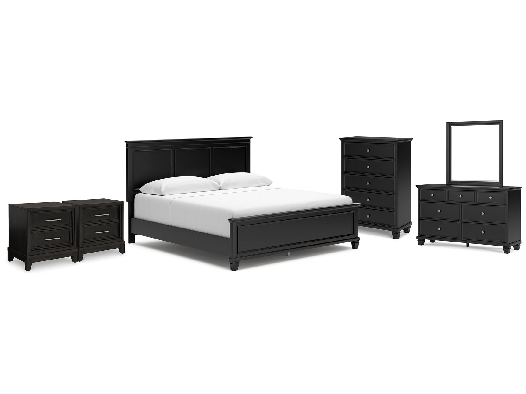 Lanolee Black King Panel Bedroom Set with Dresser, Mirror, Chest and 2 Nightstands (Online Special Price) - Ornate Home