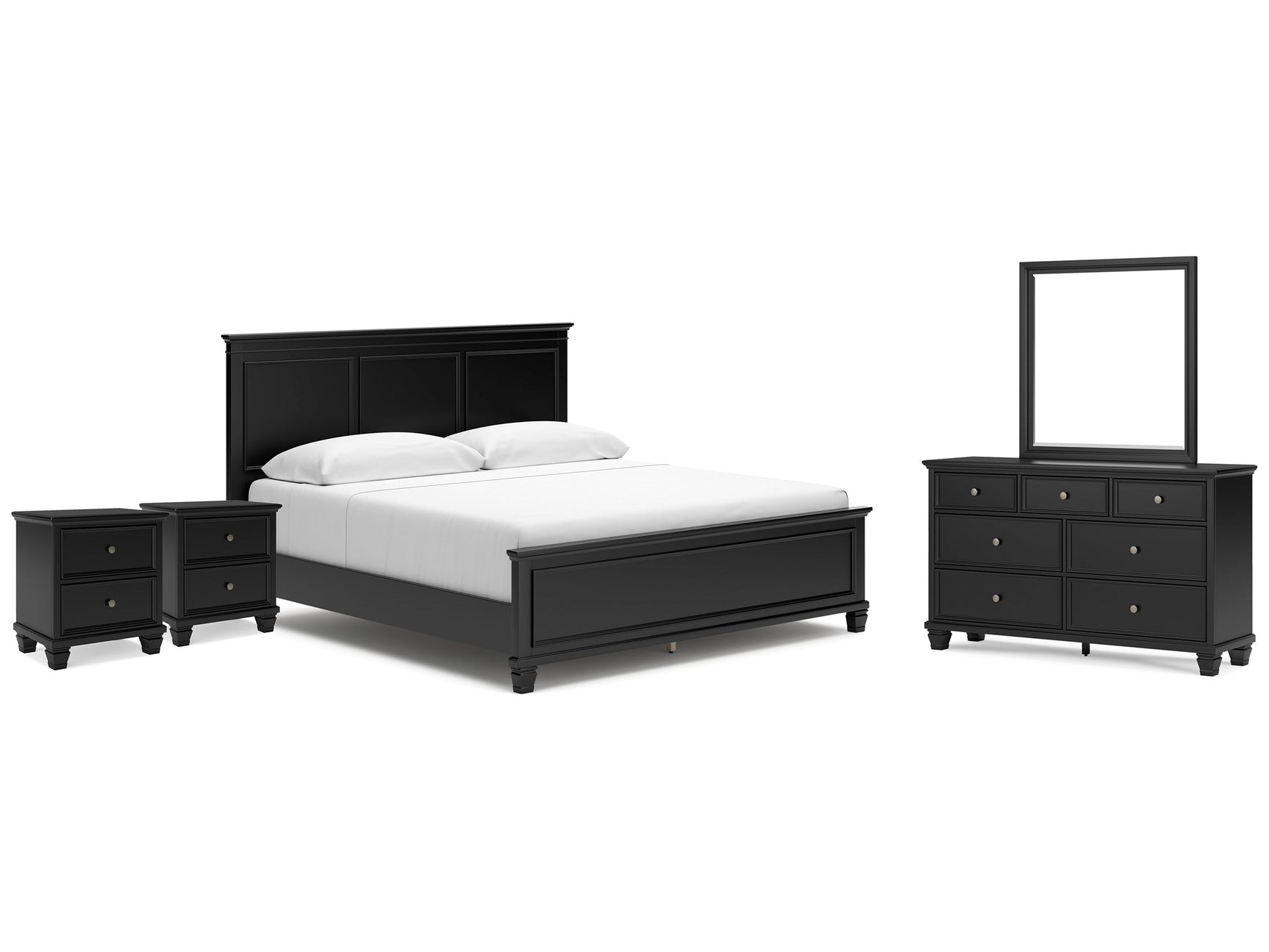 Lanolee Black King Panel Bedroom Set with Dresser, Mirror and 2 Nightstands - Ornate Home