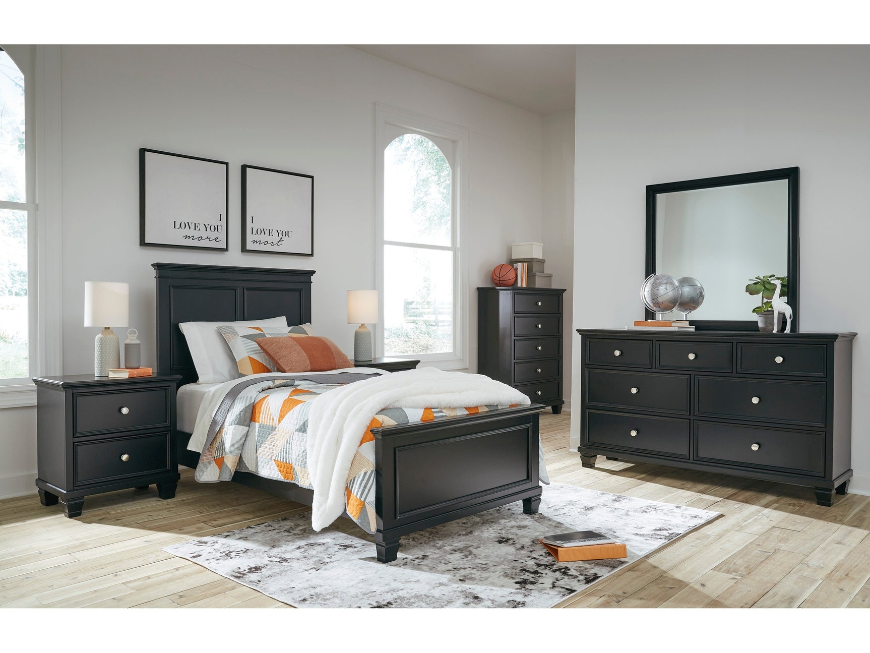 Lanolee Black Twin Panel Bed with Mirrored Dresser and Nightstand - Ornate Home