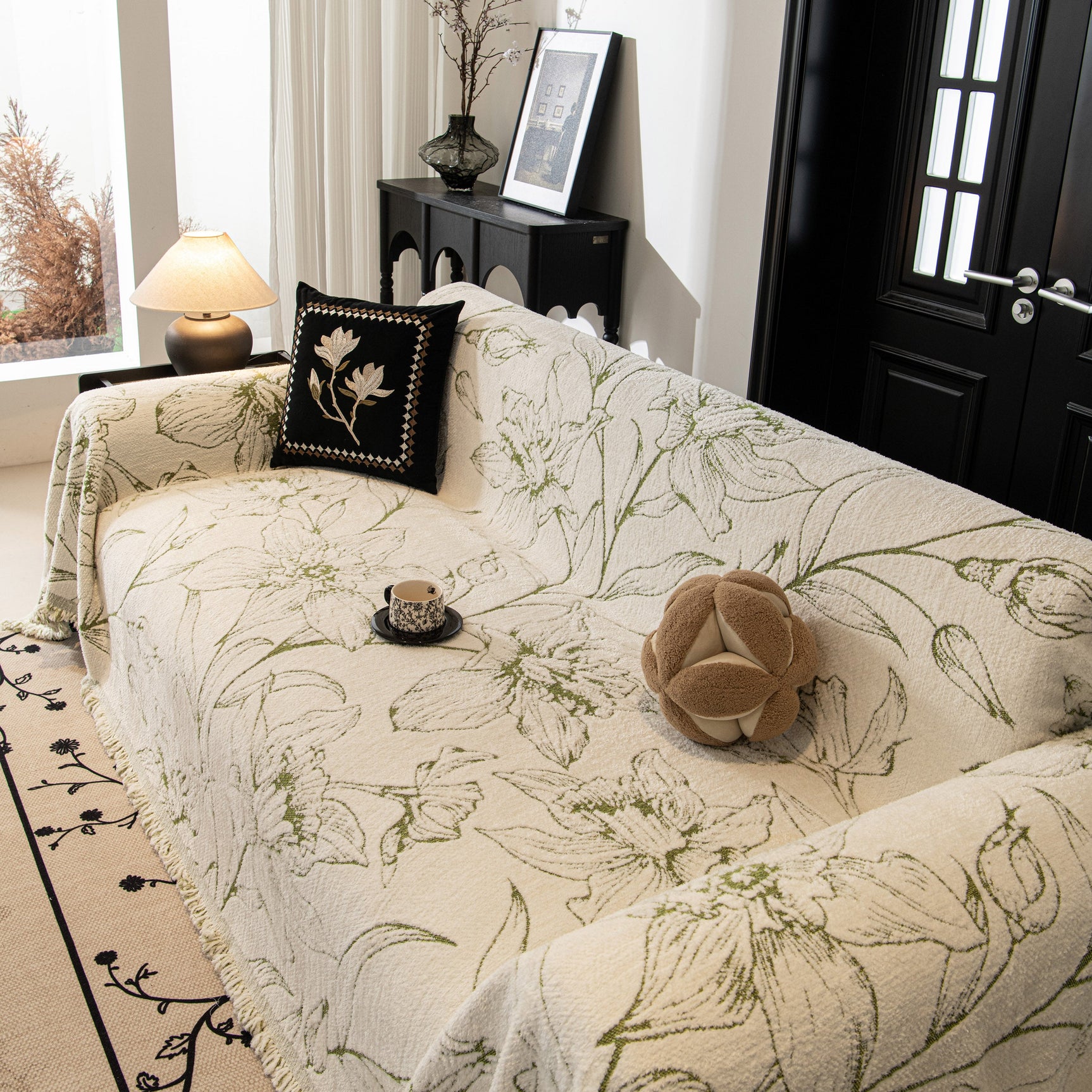 Large Floral Sofa Cover Throw Blanket, Plush Jacquard Non-Shedding Couch Cover for Pets - Ornate Home