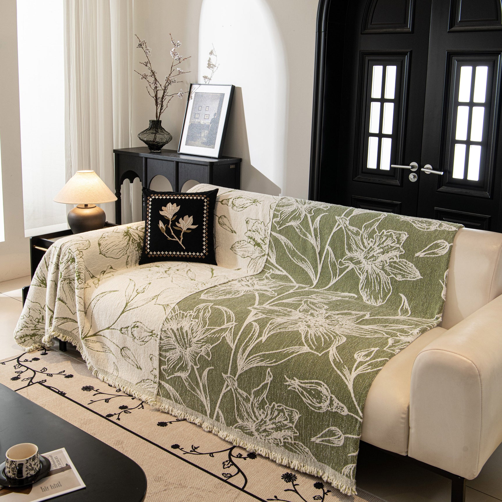 Large Floral Sofa Cover Throw Blanket, Plush Jacquard Non-Shedding Couch Cover for Pets - Ornate Home