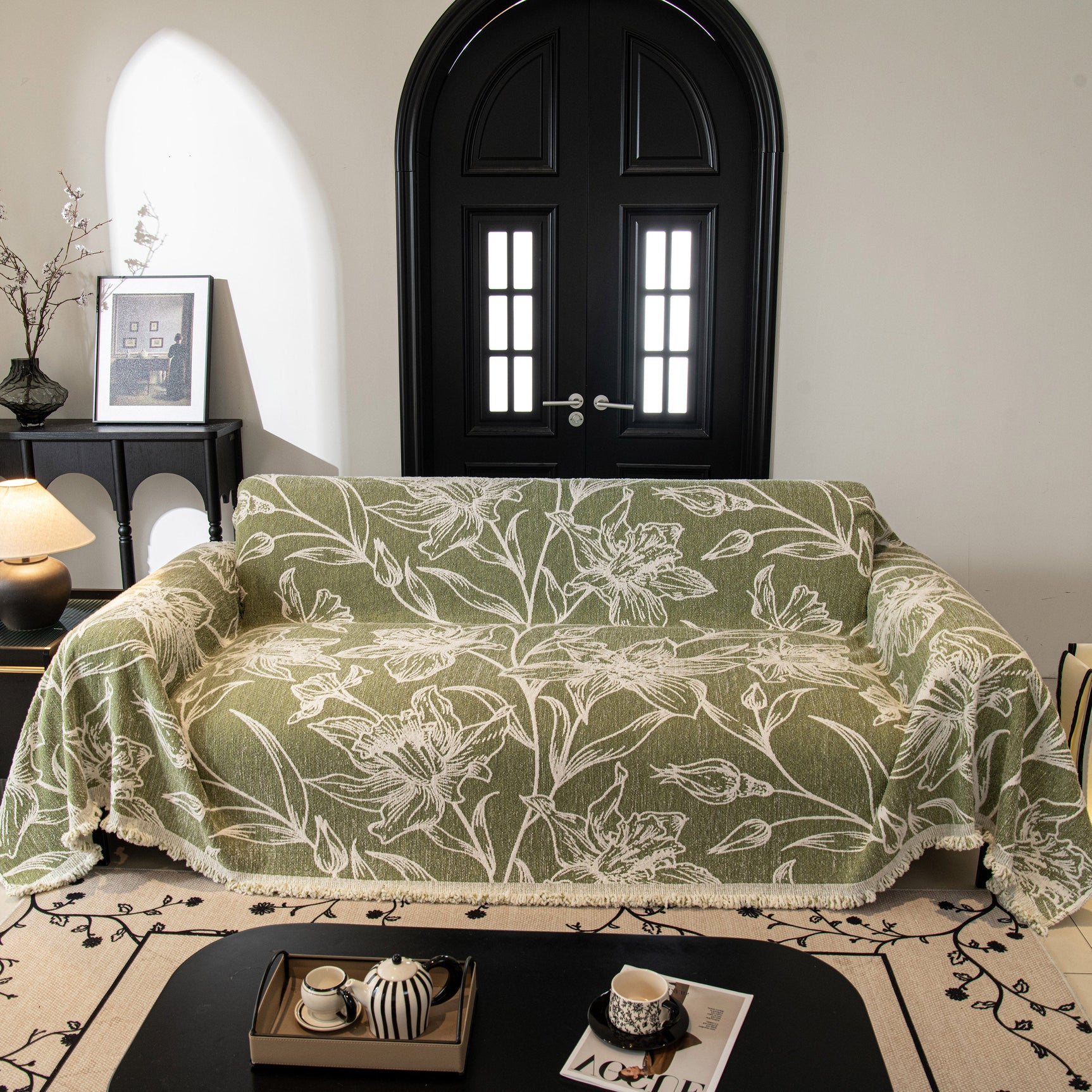 Large Floral Sofa Cover Throw Blanket, Plush Jacquard Non-Shedding Couch Cover for Pets - Ornate Home