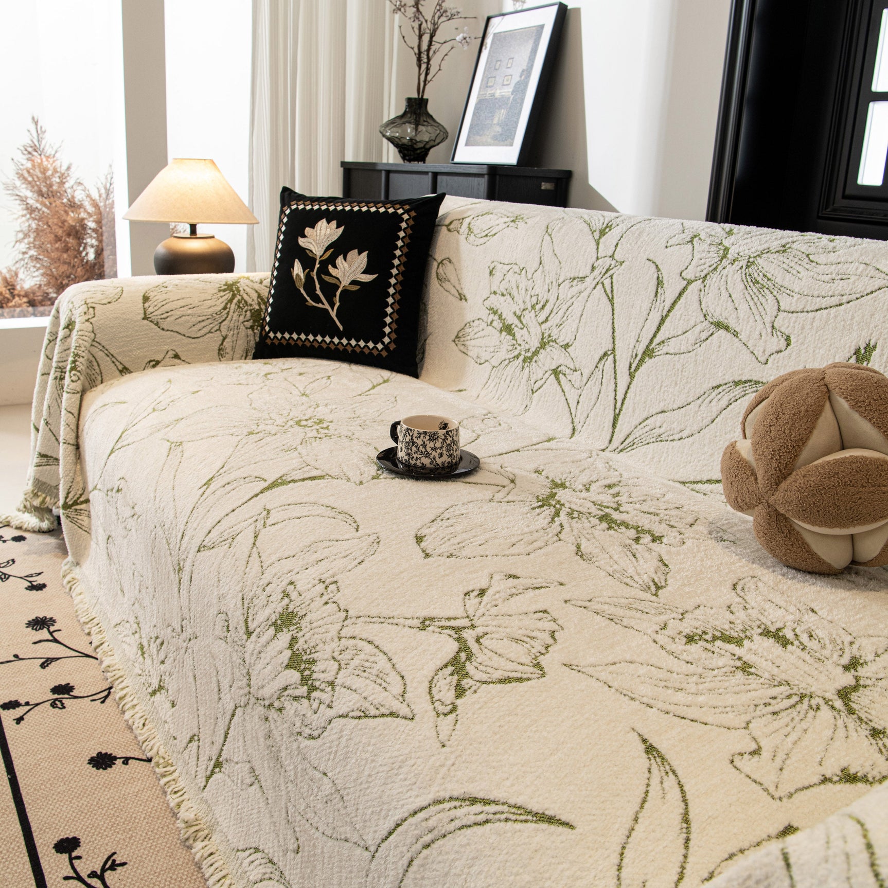 Large Floral Sofa Cover Throw Blanket, Plush Jacquard Non-Shedding Couch Cover for Pets - Ornate Home