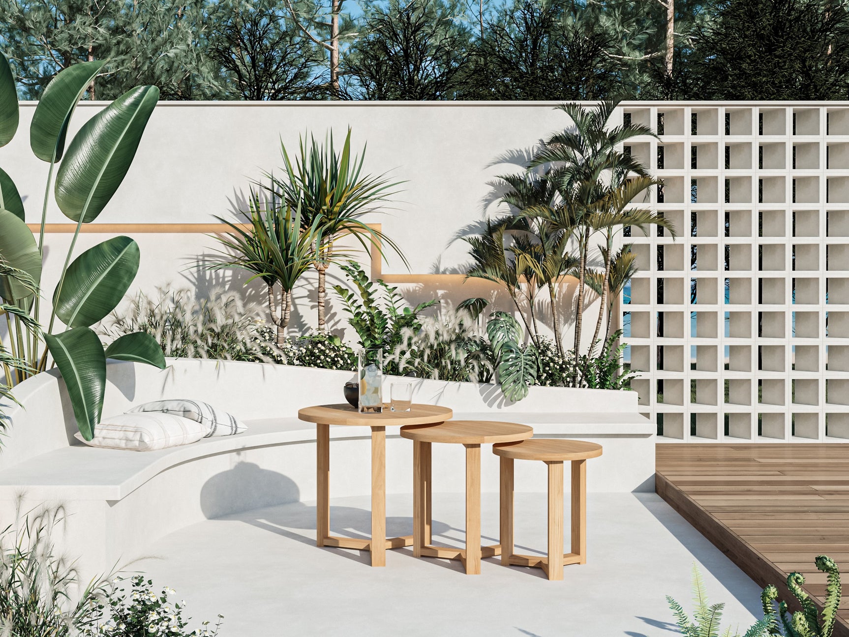 Large Round Teak Outdoor Cross Legs Nesting Side Table - Ornate Home