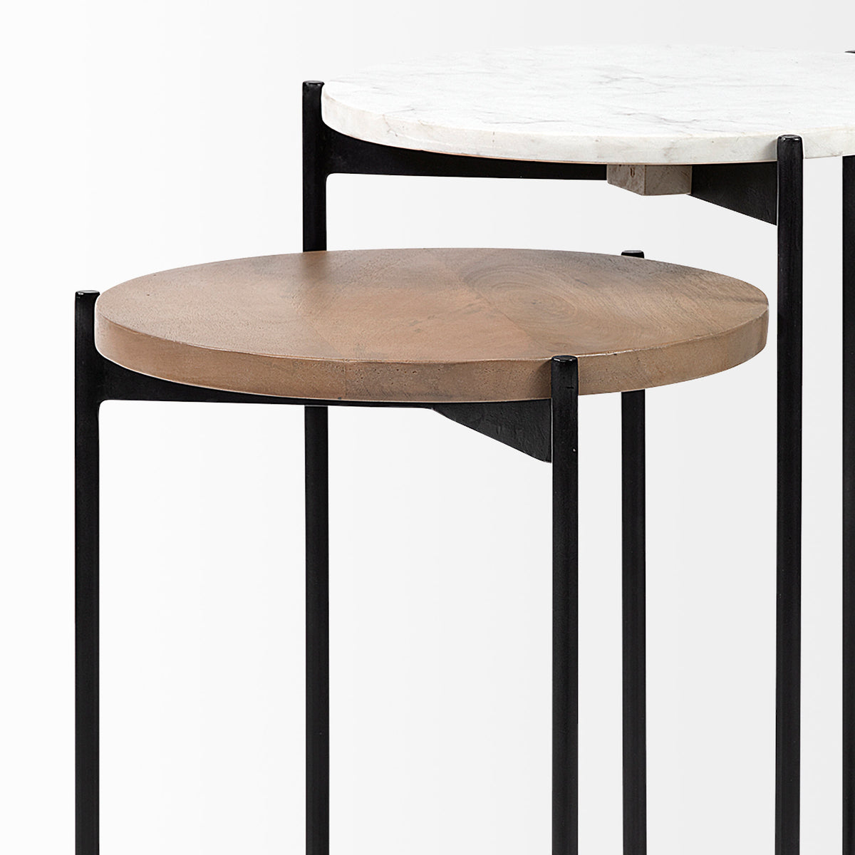 Larkin Medium Brown Marble and Wood Round Tabletop Nesting End/Side Tables - Ornate Home