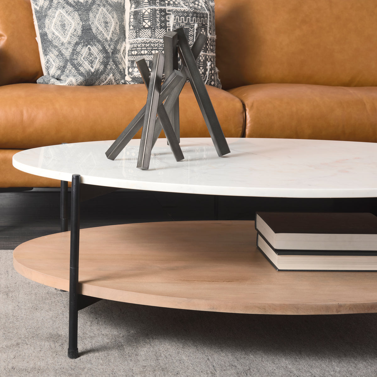 Larkin White/Black 48" Oval Marble Top and Solid Wood Shelf Coffee Table - Ornate Home