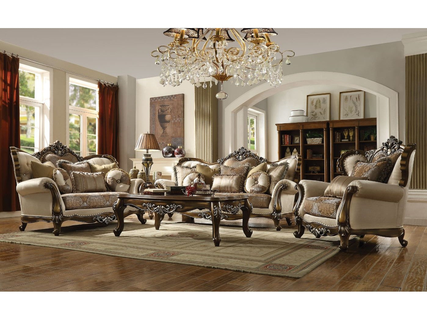 Latisha Tan, Pattern Fabric & Antique Oak Sofa w/8 Pillows - Ornate Home